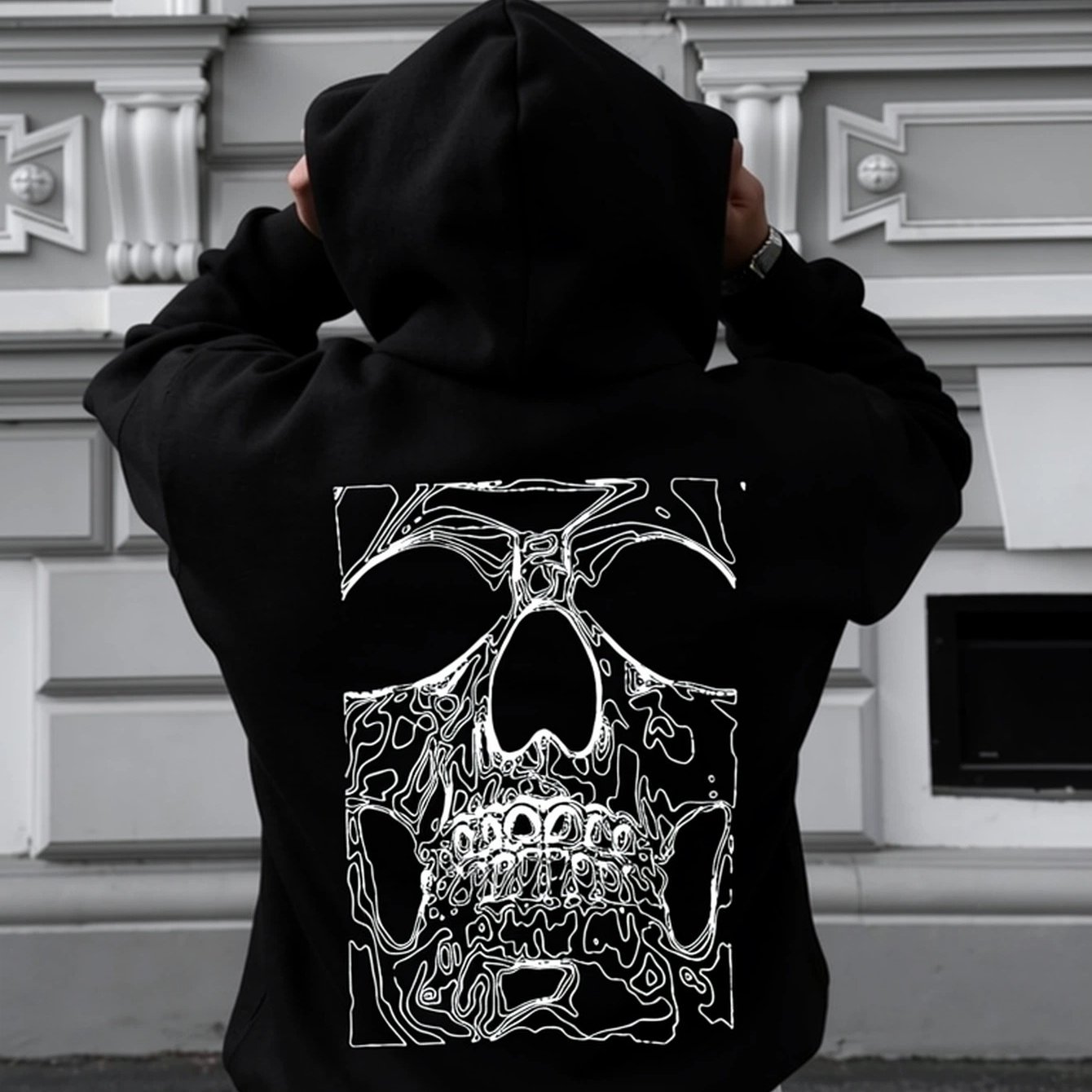 Image of Men's Gothic Skull Print Hooded Loose Street Style With Front Pocket On Back Washable Casual Pullover Suitable Punk Size-unisex Graphic Pullover