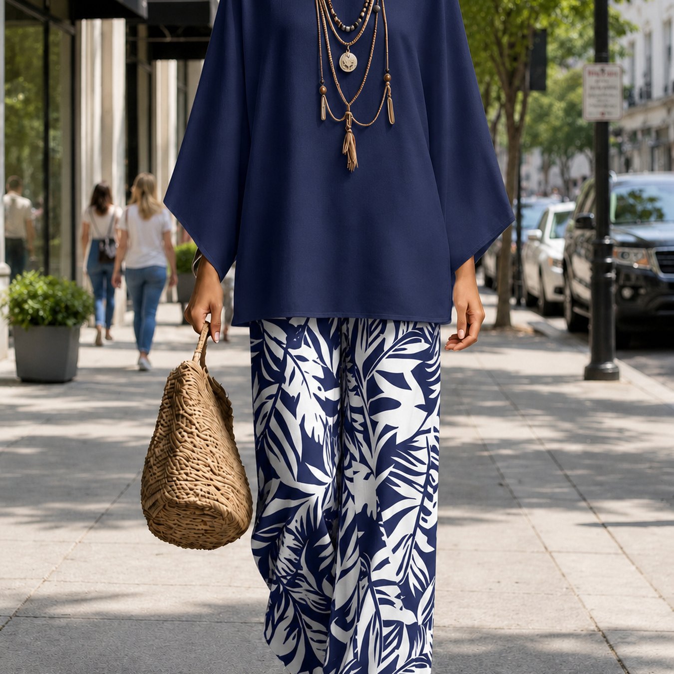 Image of Women's 2pcs Outfit Crew Neck Loose Batwing Sleeve Top Wide Leg Pants Navy Leaf Print Bohemian Casual Vacation Beach Wear
