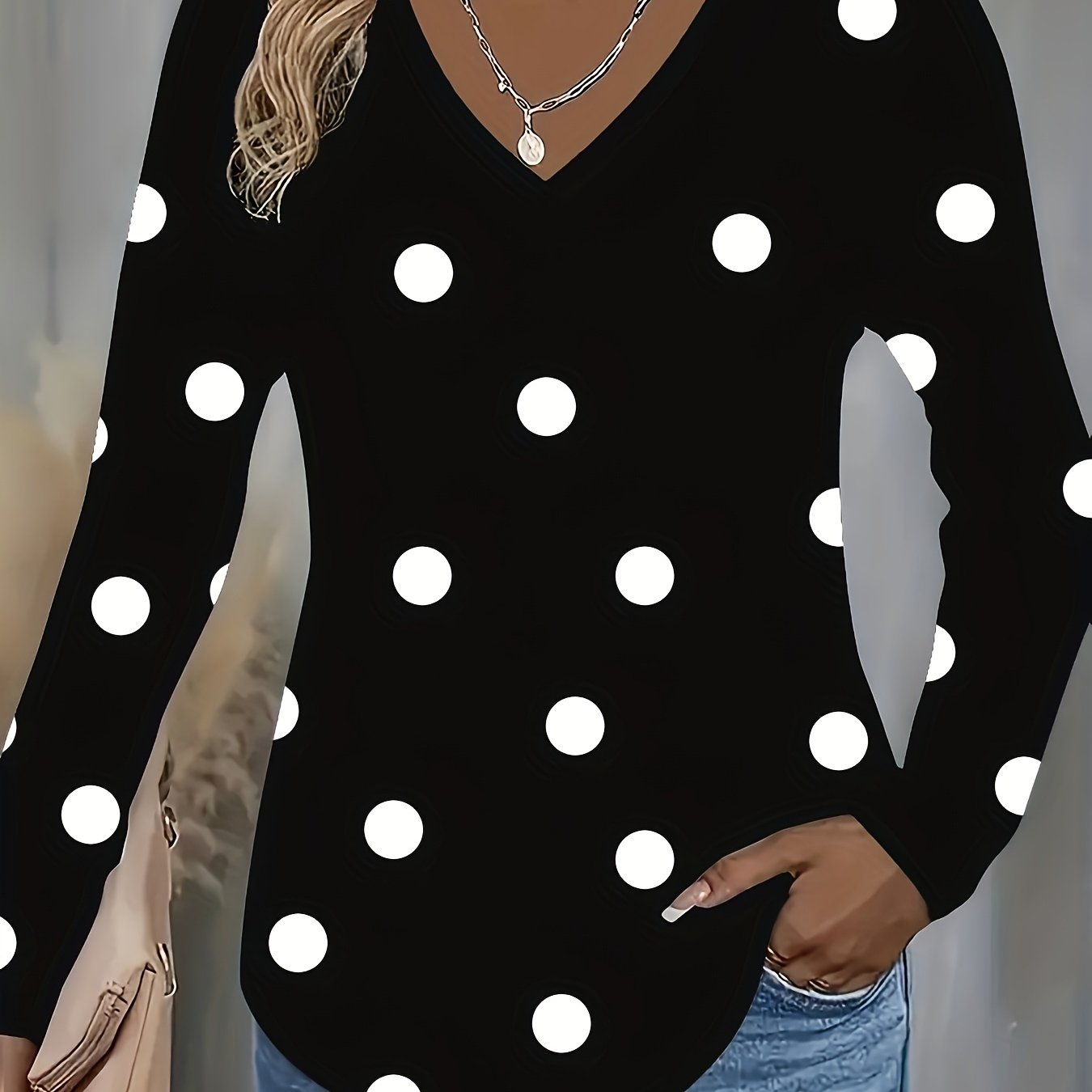TEMU Women's Elegant Polka Print V-neck Long Sleeve Top
