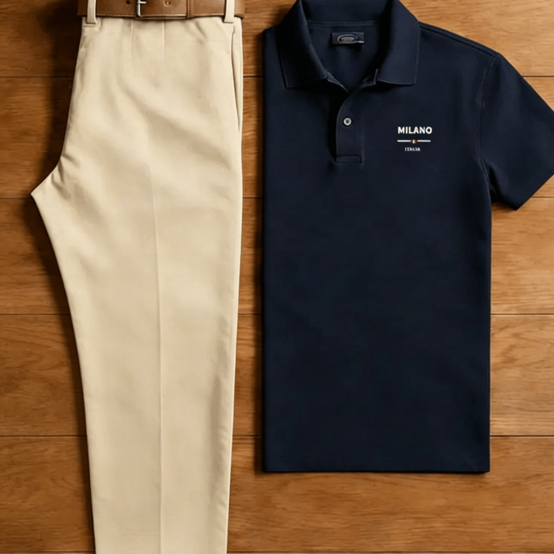 Men's 2pcs Casual Outfit Set, Solid Navy Chest Tiny Short Sleeve Shirt + Solid Cream White Straight Leg Chino Pants, Summer Golf Matching Suit