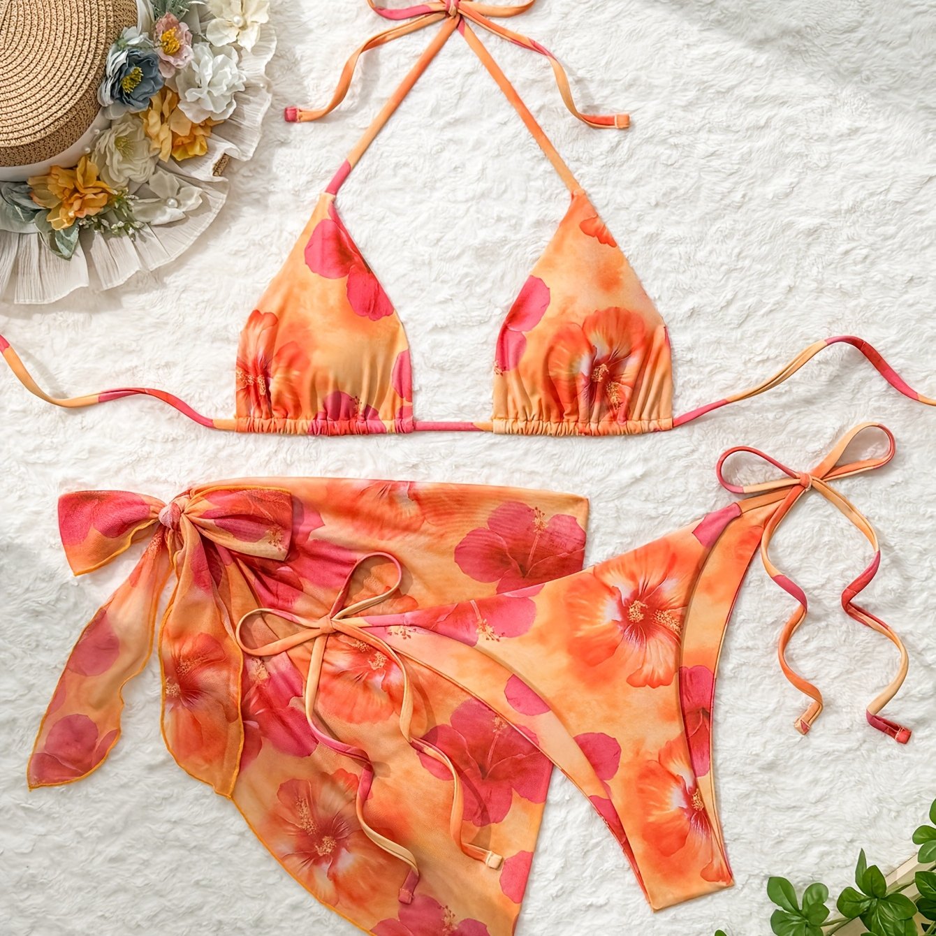 E-shop 3-teiliger Damen-Bikini-Set mit Kleid – Bunte Farbverlauf-Blumenmuster, hochelastische Bademode, passendes Wickelkleid, maschinenwaschbarer
