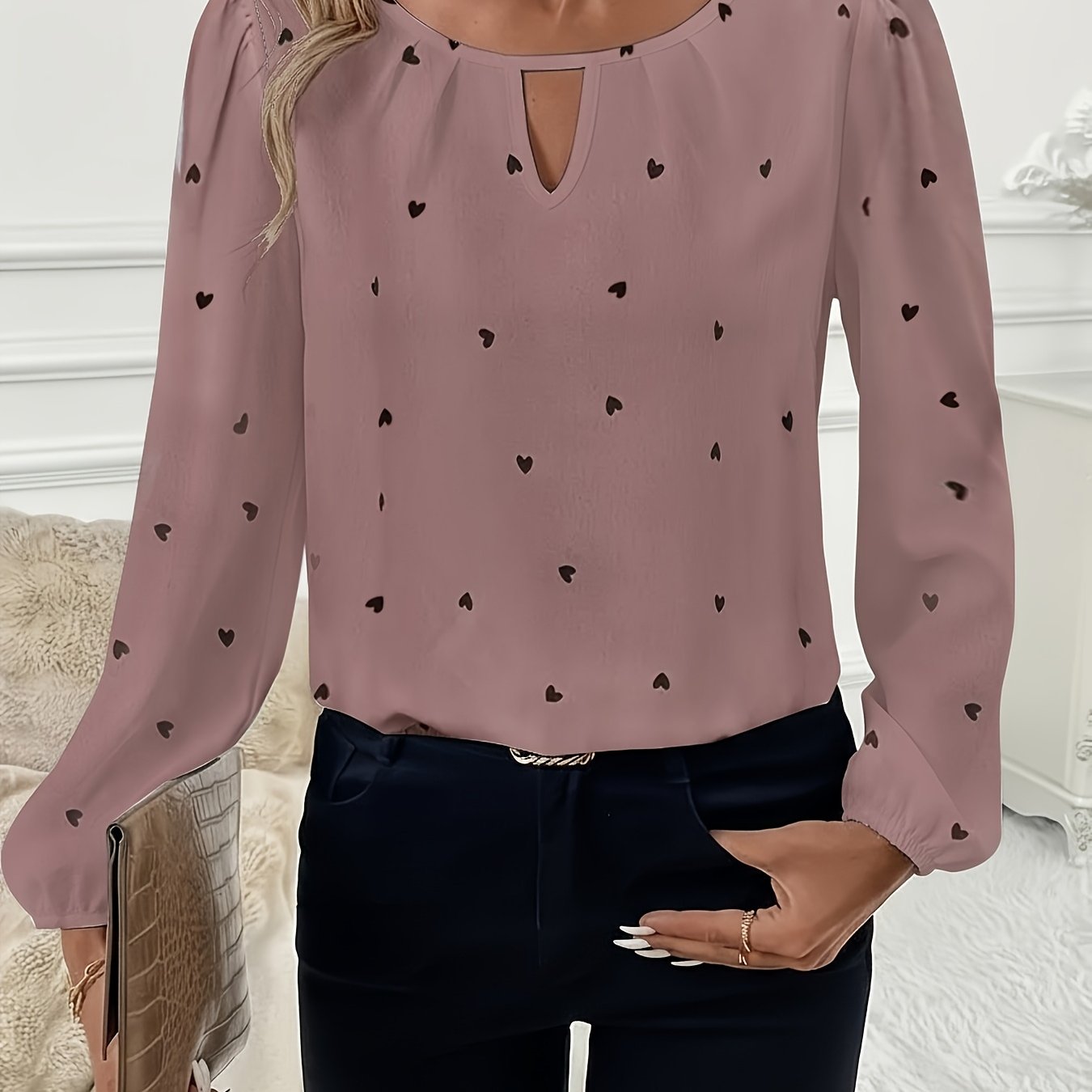 Image of Women's Elegant Heart Print Blouse With Keyhole Collar - Long Sleeve Button-up Shirt, Loose Fit Button Front, - Casual To Office Wear, Machine Washable Polyester Top