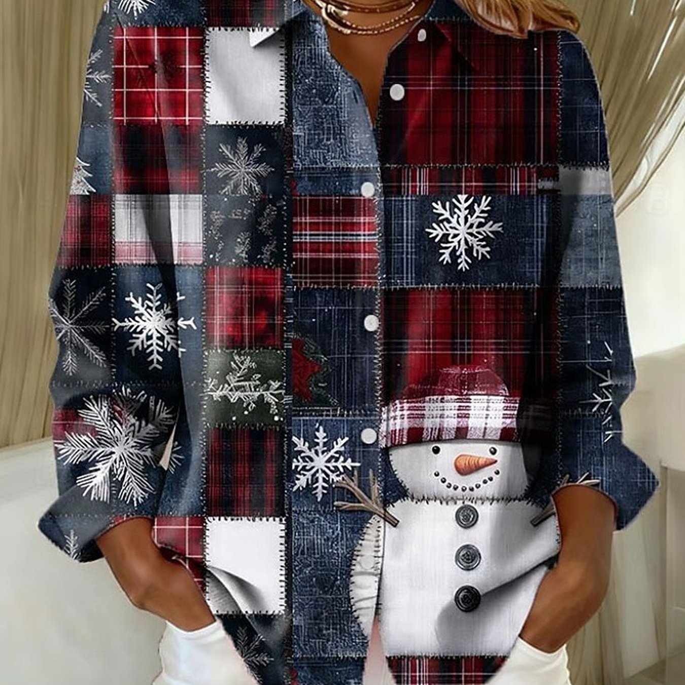 TEMU Plus Size - Plus Size, Women's Plus Size Christmas Snowman Print Long Sleeve Collared Shirt Red And Party Top, Spring/autumn Casual Winter