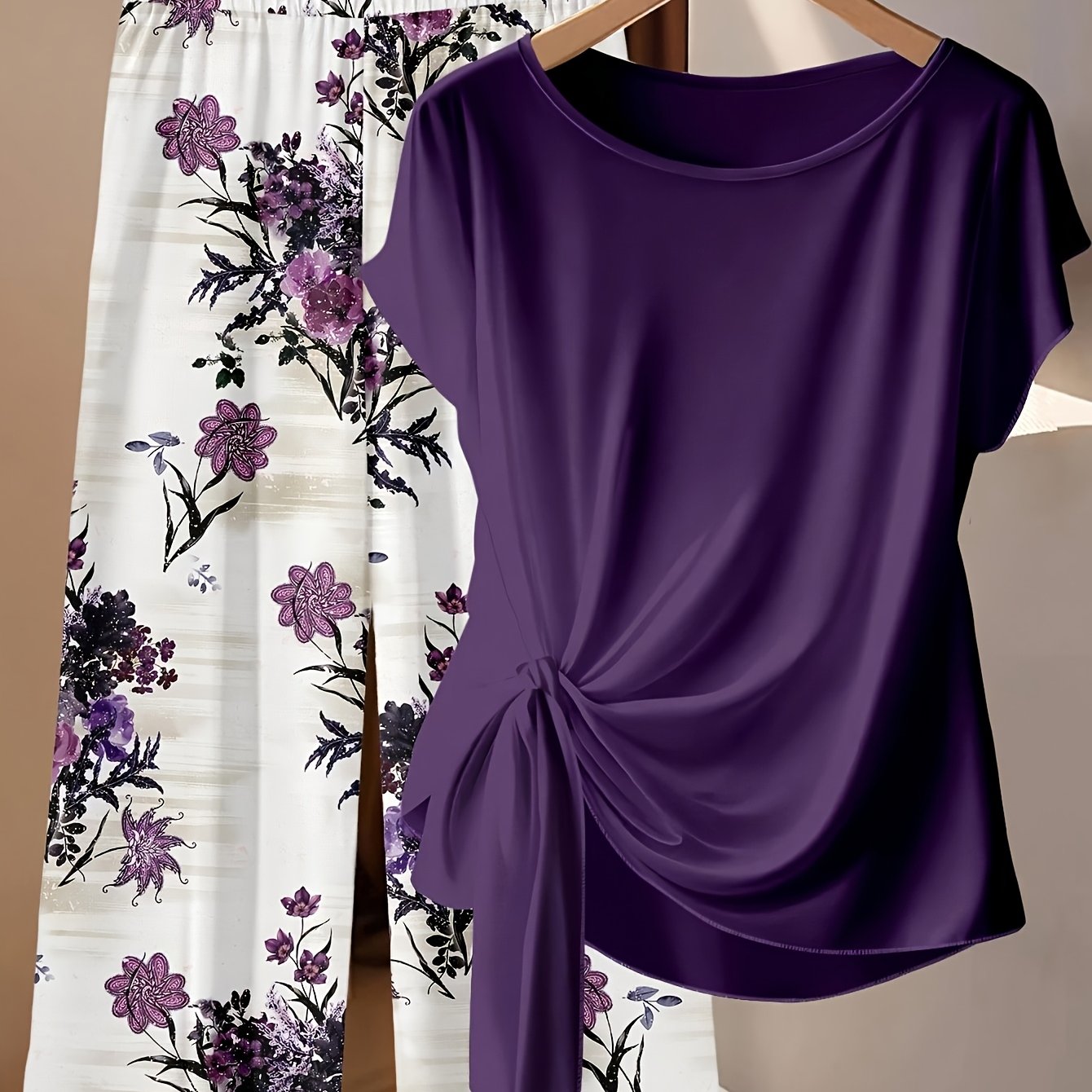TEMU Women's Purple Floral Contrasting Color Lace-up Bow Shirt And Straight Loose Trousers 2pcs Set, Casual Women's Short-sleeved Top Women's 2pcs