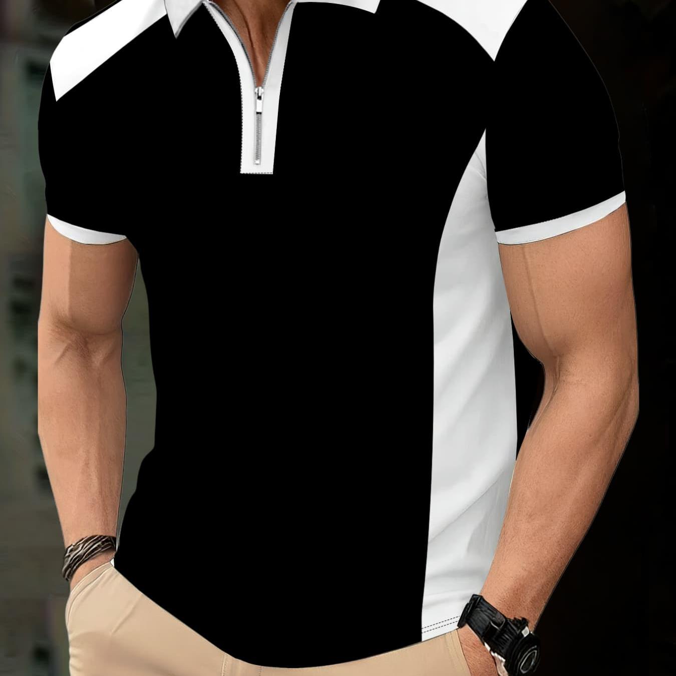 TEMU Men's Color Block Zip Shirt With Contrast Collar & Collar Short Sleeve T-shirt - Business Casual Suitable For Office, -casual Wear, Machine