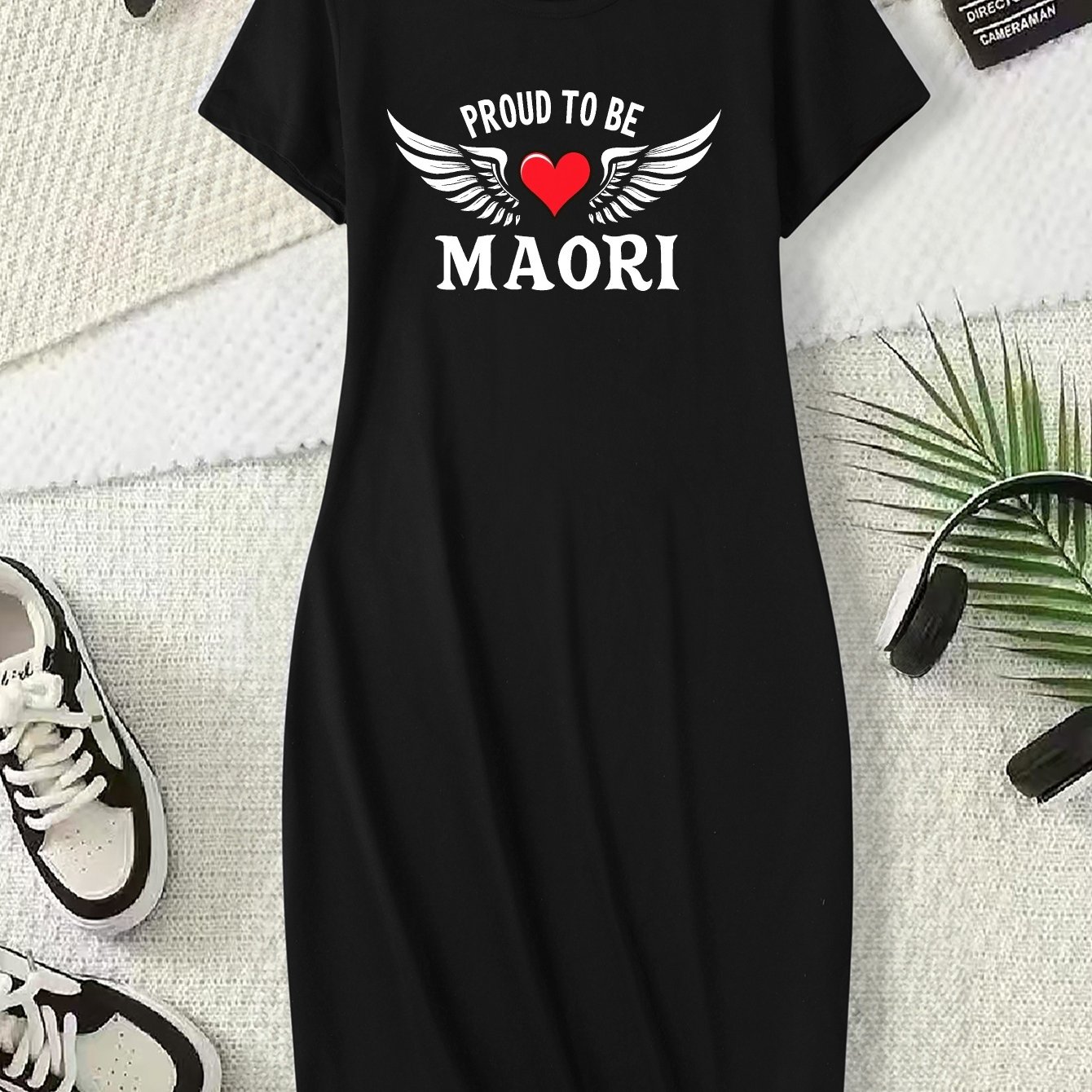TEMU Women's Maori Cultural Print T-shirt & Skirt - Short Sleeve Round Neck Tight Top With Maori Lettering, Spring Summer Casual To Elegant Wear,