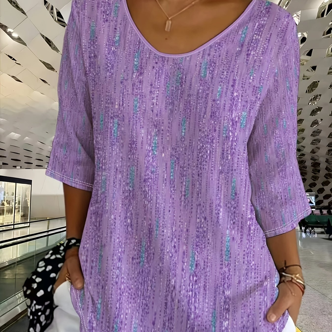 TEMU Plus Size - Spring Casual Women's, Easy Printed T-shirt 3/4 Sleeve, Suitable For Daily Commute, Plus Size Everyday Wear Versatile Top [print