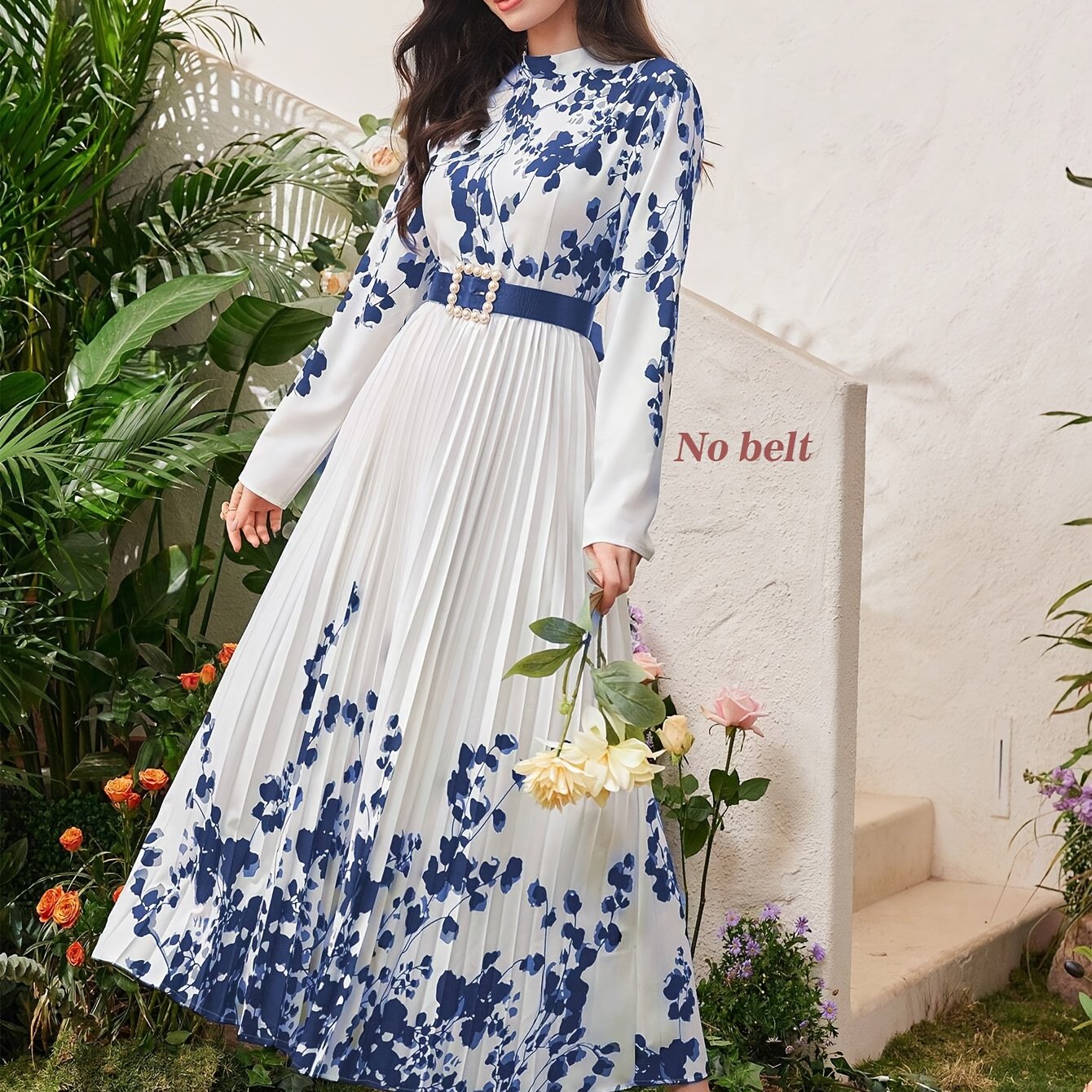 Women's Elegant Floral Placement Print Long Sleeve Dress (no Belt)