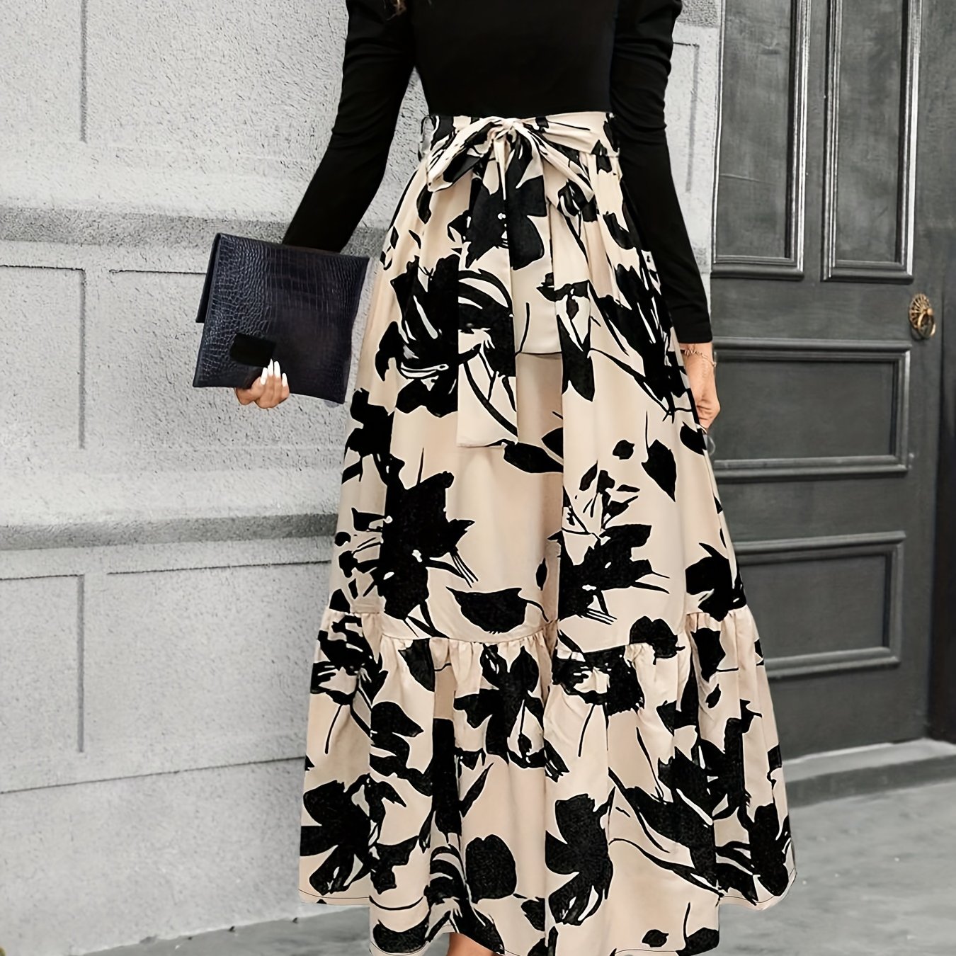 TEMU Women's Elegant Spliced Print Contrast Color Tie Dress