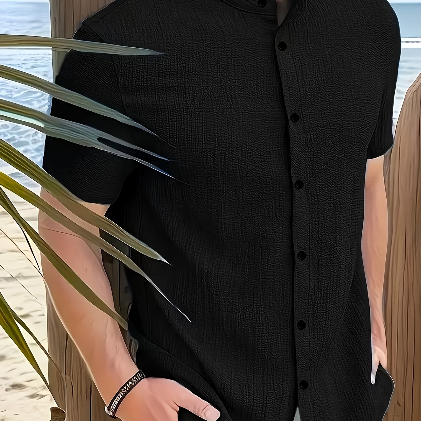 E-shop Herren Sommer Freizeit Kurzarm Button-Up Hemd - Leichtes Atmungsaktives Stehkragenhemd, Unifarben, Maschinenwaschbar, für Outdoor Strandurlaub &