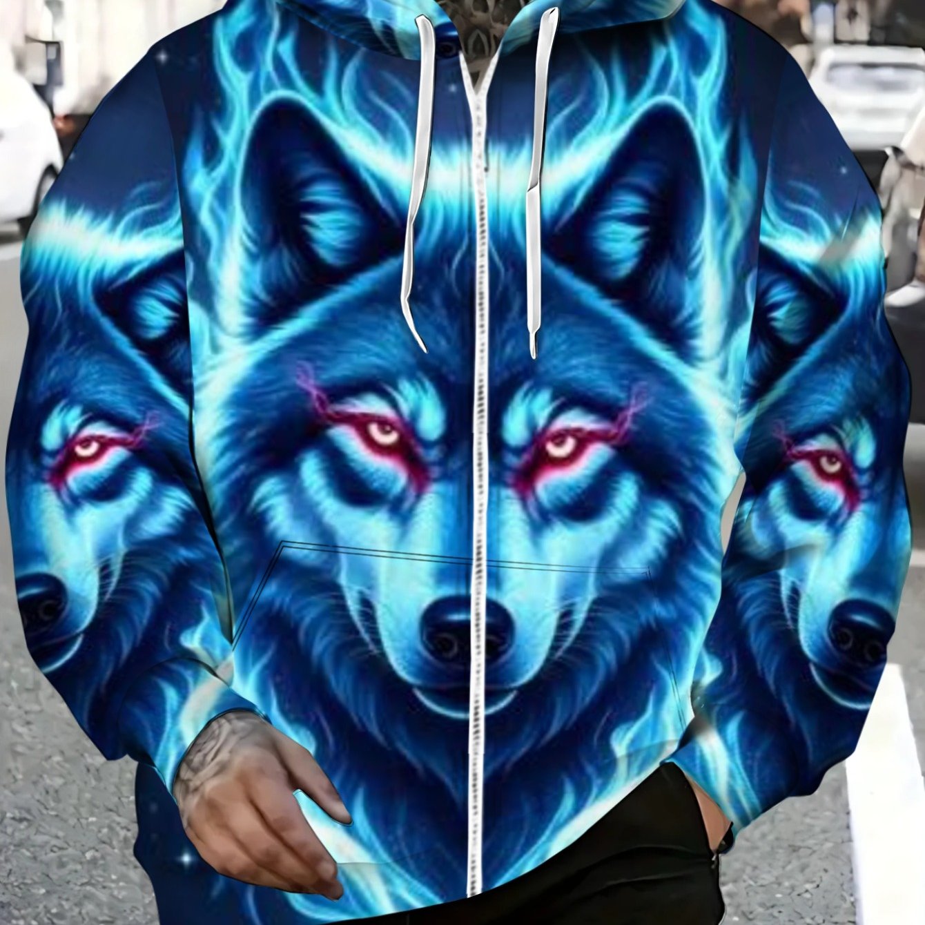 TEMU Men's Blue Flame Wolf Print Hoodie Lightweight Zip-up Sweatshirt For Casual Outdoor Wear And Street Style Fashion