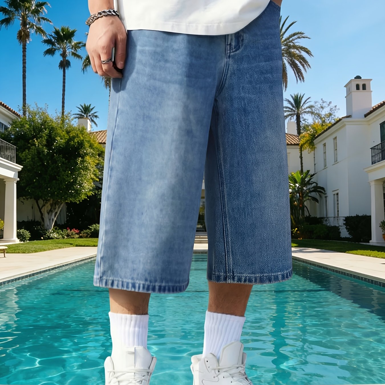 Image of Men' Blue Retro Washed Baggy Wide Leg Denim Jorts Shorts - Knee-length Loose Fit Casual Shorts For Poolside And Streetwear Outfits