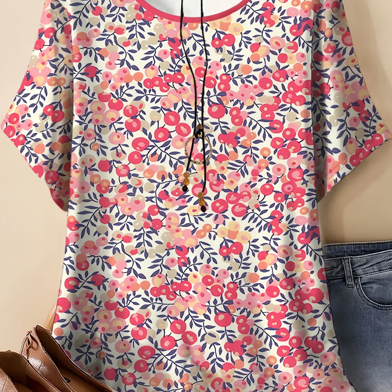 TEMU Women's Printed Short-sleeve T-shirt, Summer Loose Neck Top, Floral Pattern Casual Women's Clothing