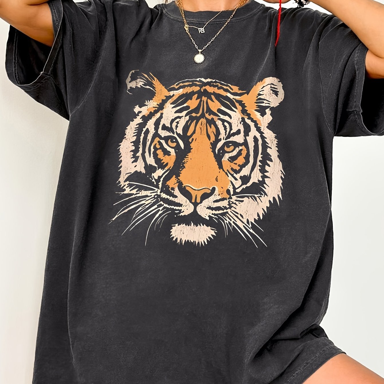 TEMU T-shirt d'été décontracté à col rond pour femmes avec imprimé tigre