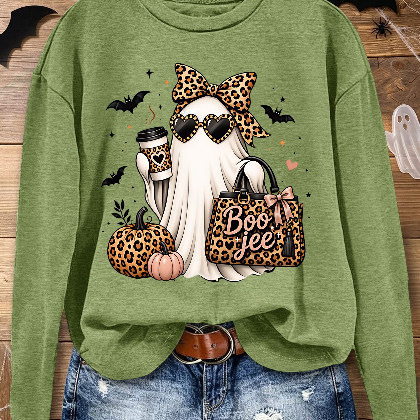 TEMU Halloween Women's Elegant Long Sleeve | Leopard Print Bow Glasses Coffee Bag Boo-jee Fashion Print, Lazy Loose Fit, -friendly Elastic Thin
