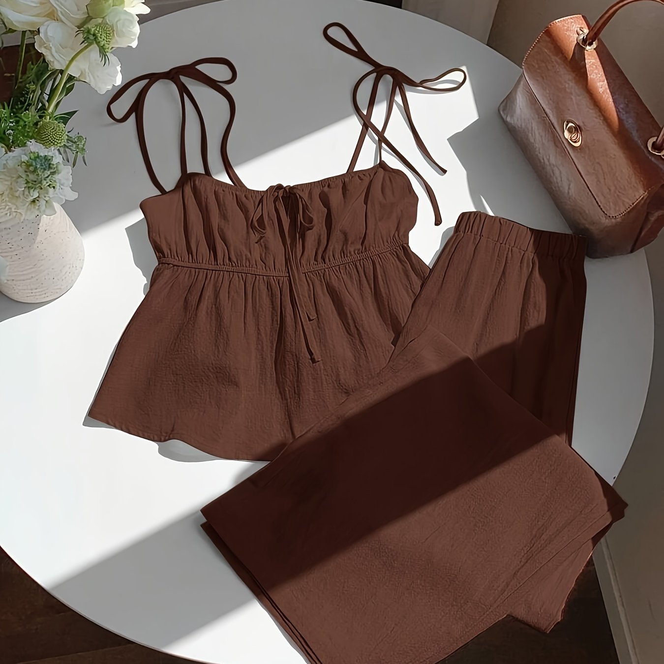 Women's Spring Summer Fashion Commuter Solid Thin Strap Tie-back Top And Elastic Waist Wide-leg Pants Set