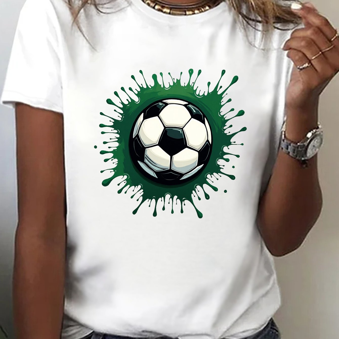 TEMU Casual Short-sleeve Crew Neck T-shirt Featuring A Splatter Print Soccer Ball, Perfect For Spring And Summer, Designed For Women