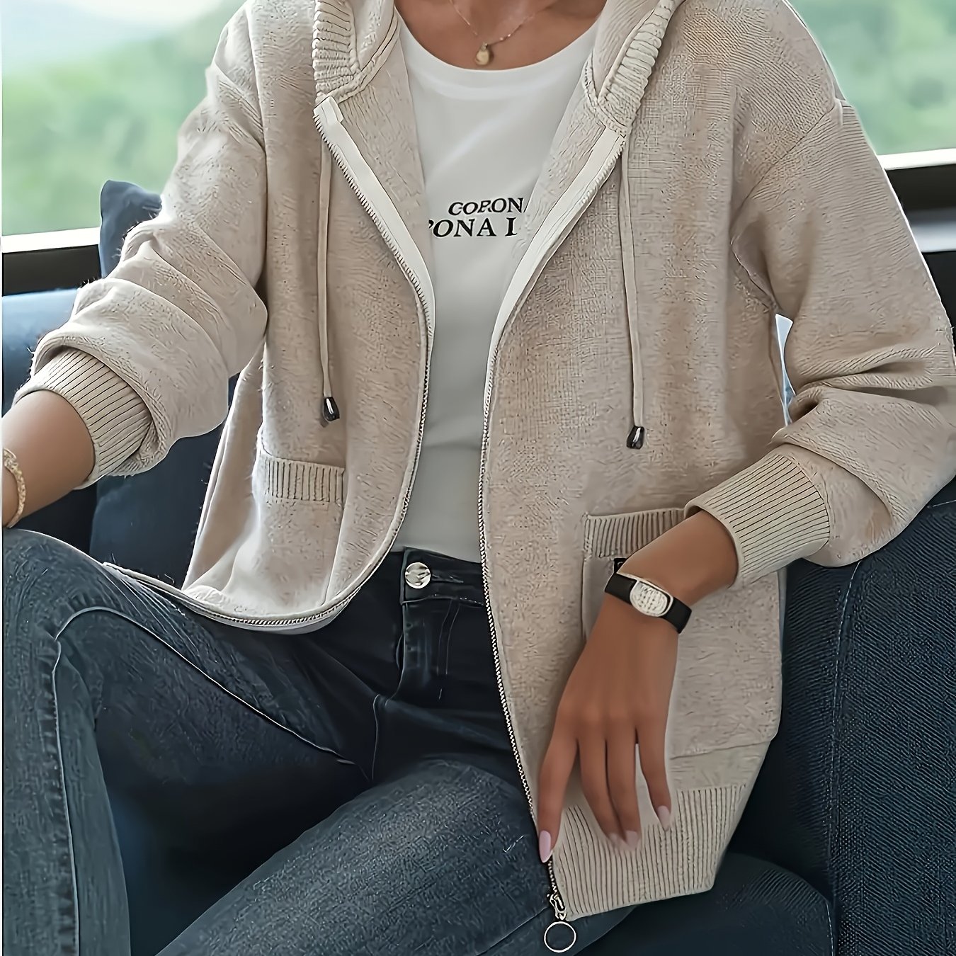 2026 Autumn/winter Solid Color Zipper Hooded Cardigan Coat For Women