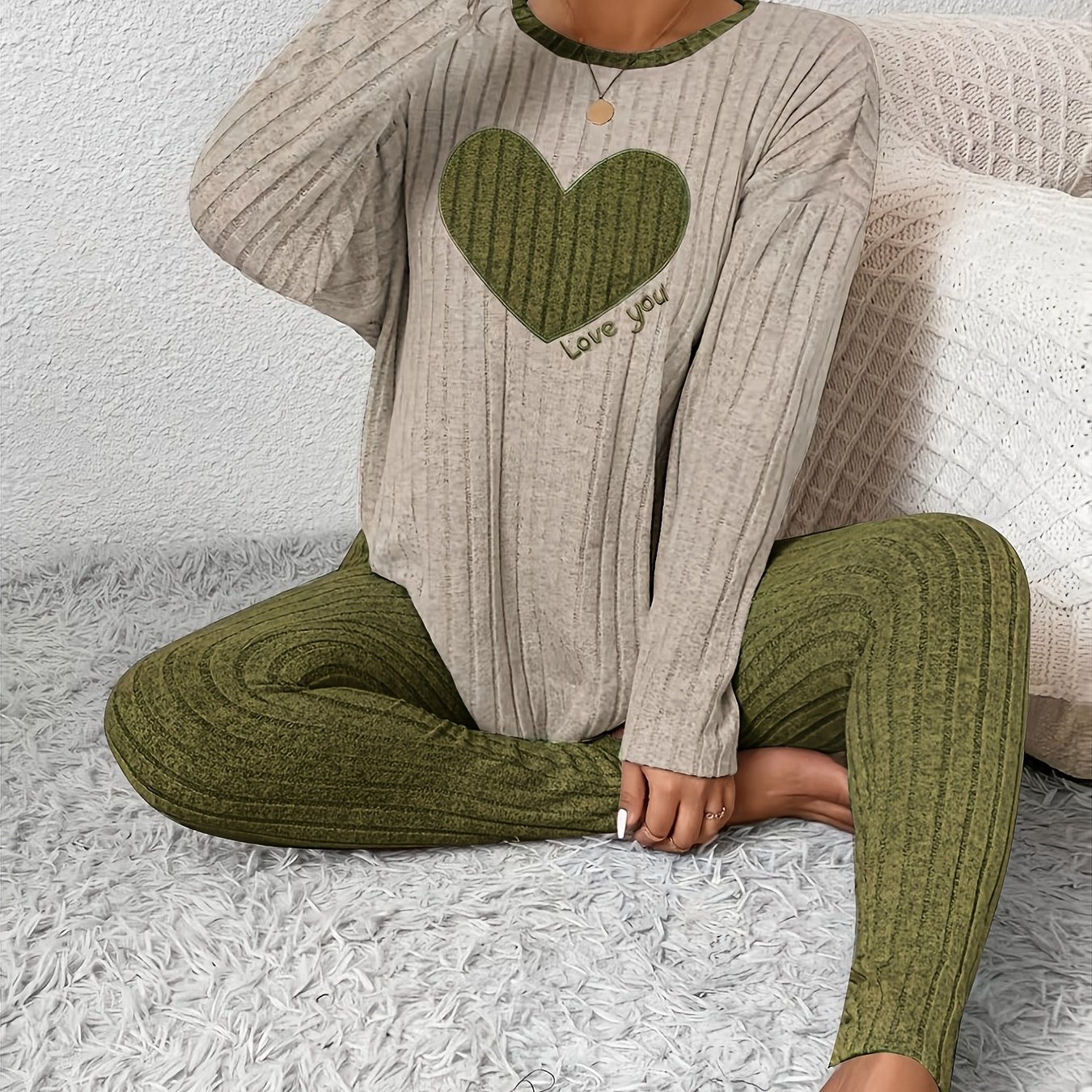 TEMU Spring/autumn New Women's Loungewear Set, 2pcs Ribbed Cable With Heart Embroidery, Crew Neck Color-block Long Sleeve Top + Slim Fit Long Pants