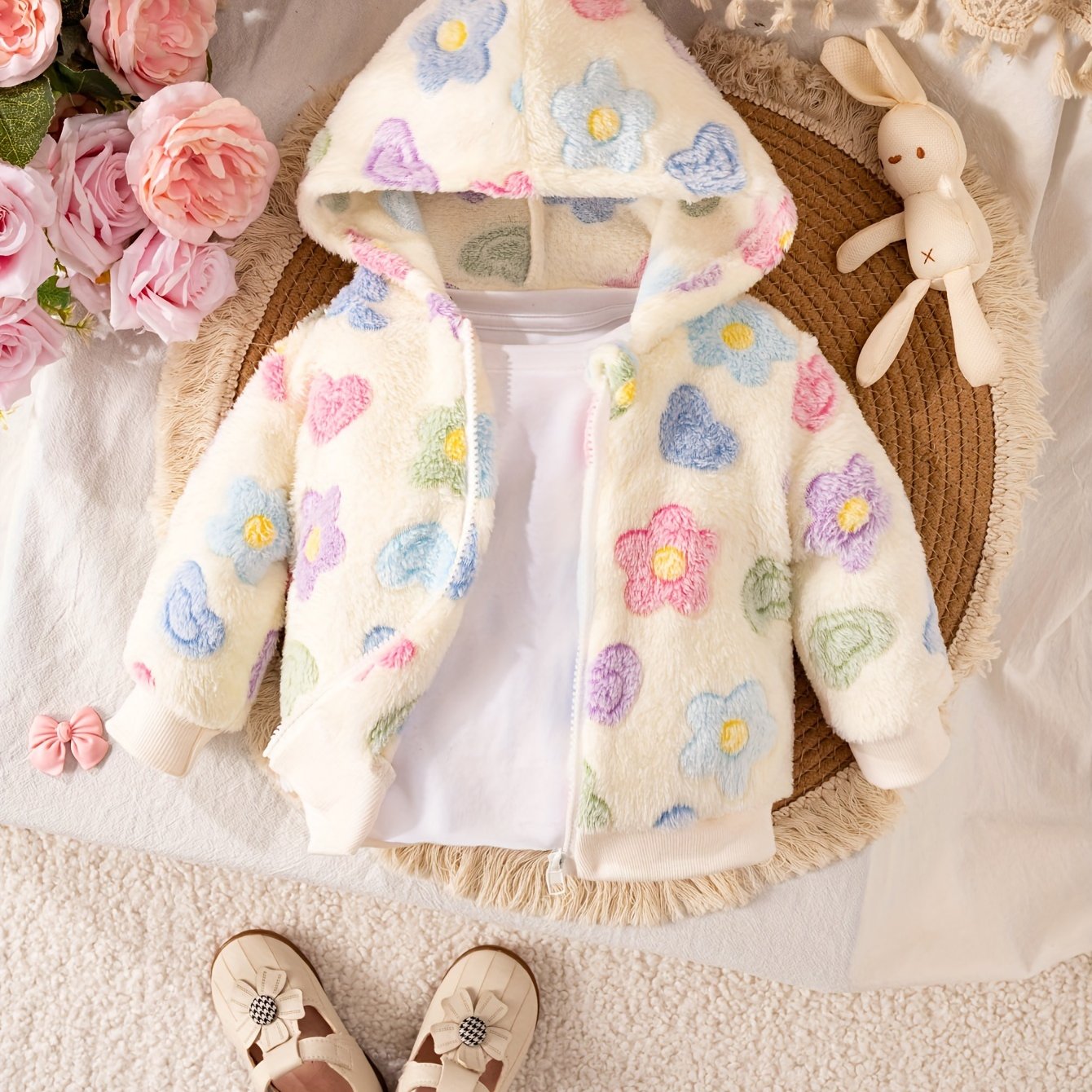 Image of Baby Girls Floral Hooded Jacket - Long Sleeve Coat With Zipper, Soft Fabric, Regular Fit For Outdoor Fall/winter, Skiing Compatible, Thick