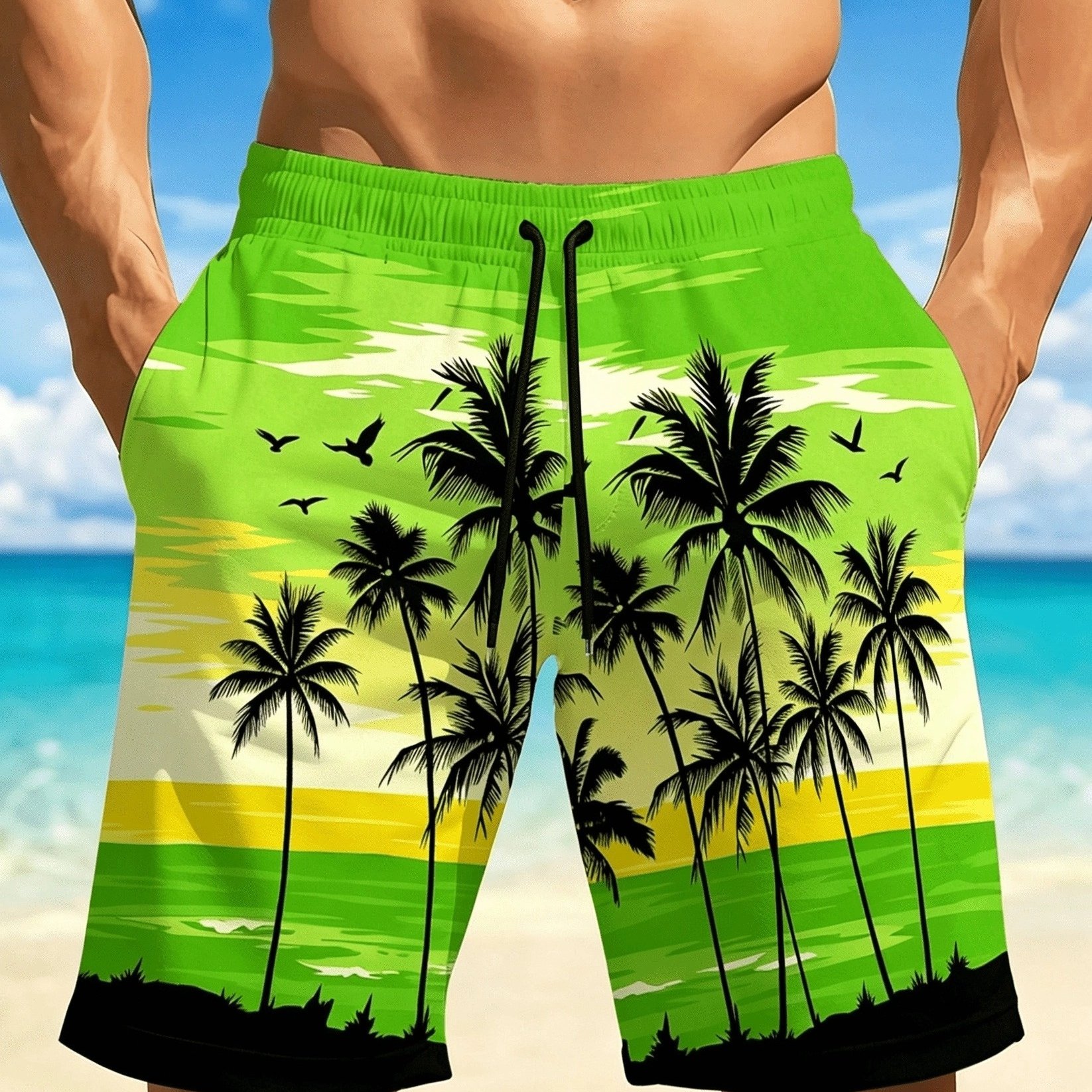 TEMU Shorts de plage respirants à séchage rapide pour hommes, avec des imprimés colorés, une taille élastique avec cordon de serrage et des poches.