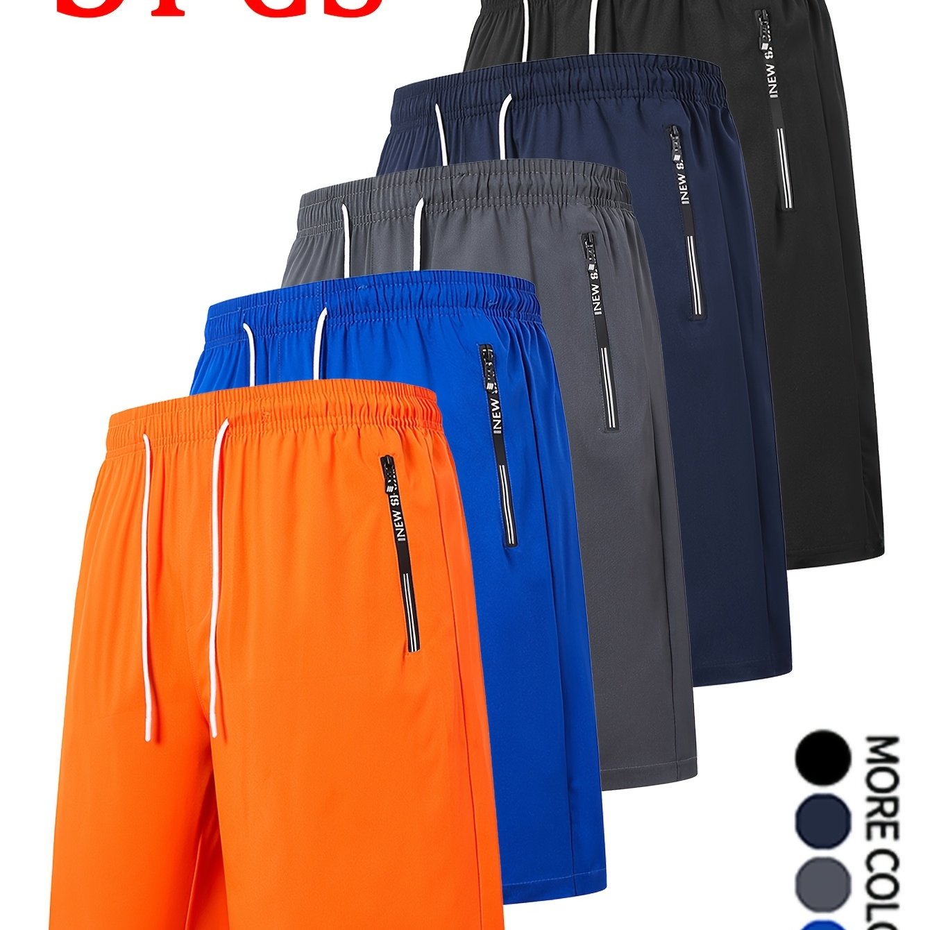 TEMU 5pcs Men's Summer Casual Shorts With Elastic Drawstring Waist & Zipper Pockets - Lightweight Breathable Fabric, Regular Fit, 5 Colors Casual