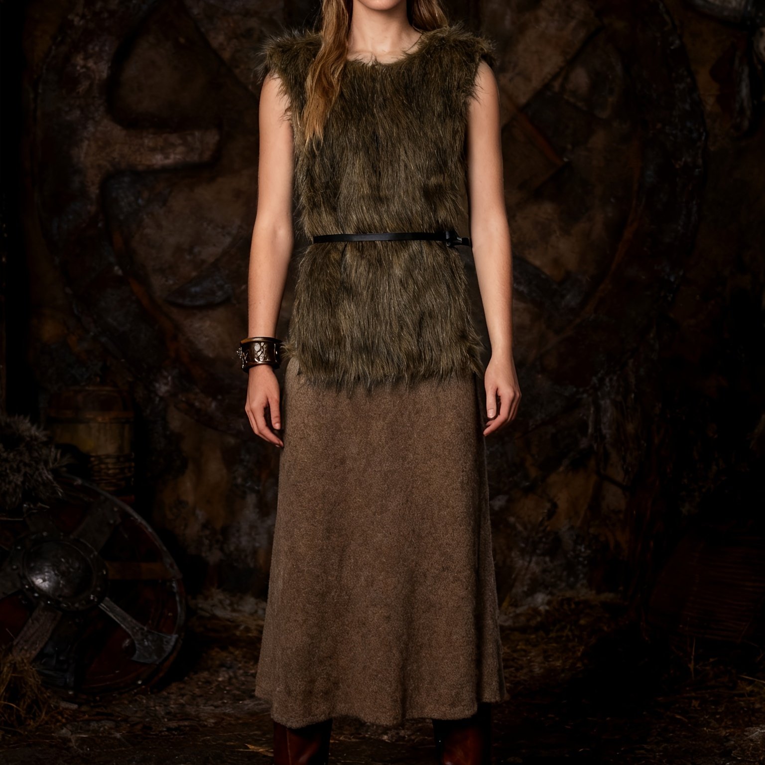 TEMU Chaleco de cosplay vikingo de felpa sintética de , estilo largo y empalmado, color marrón café, 1 pieza
