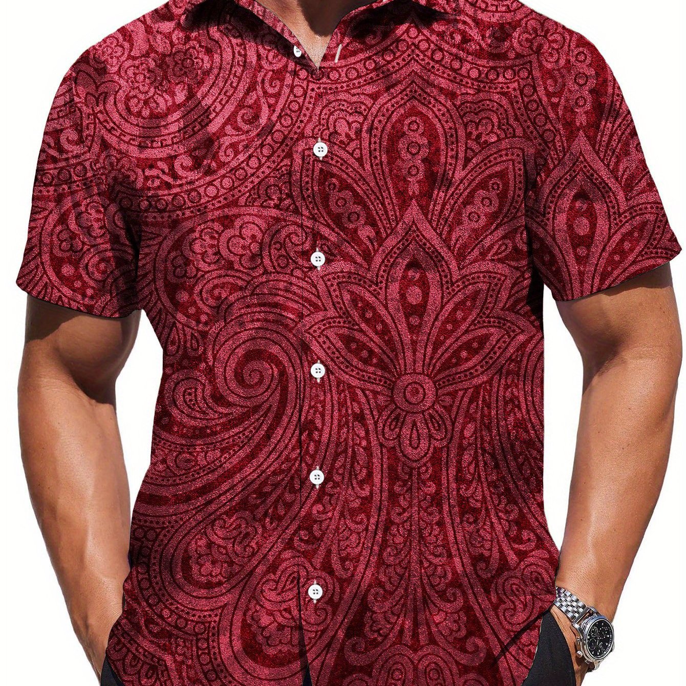 TEMU Men's Casual Short-sleeve Shirt With Paisley Pattern, Beach Red Floral Print - Stylish Summer Graphic Tee For Men / Beachwear / Clothing