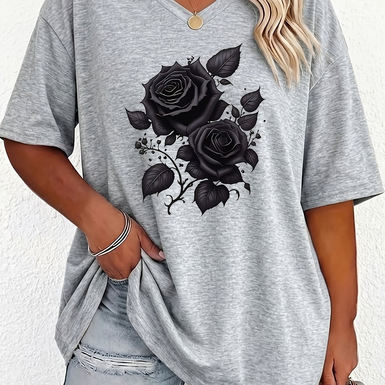 TEMU Plus Size, Women's Plus Size V-neck Solid & Geometric T-shirt - Elegant Casual Summer Suitable For Spring/summer, Machine Washable Blouses (no )