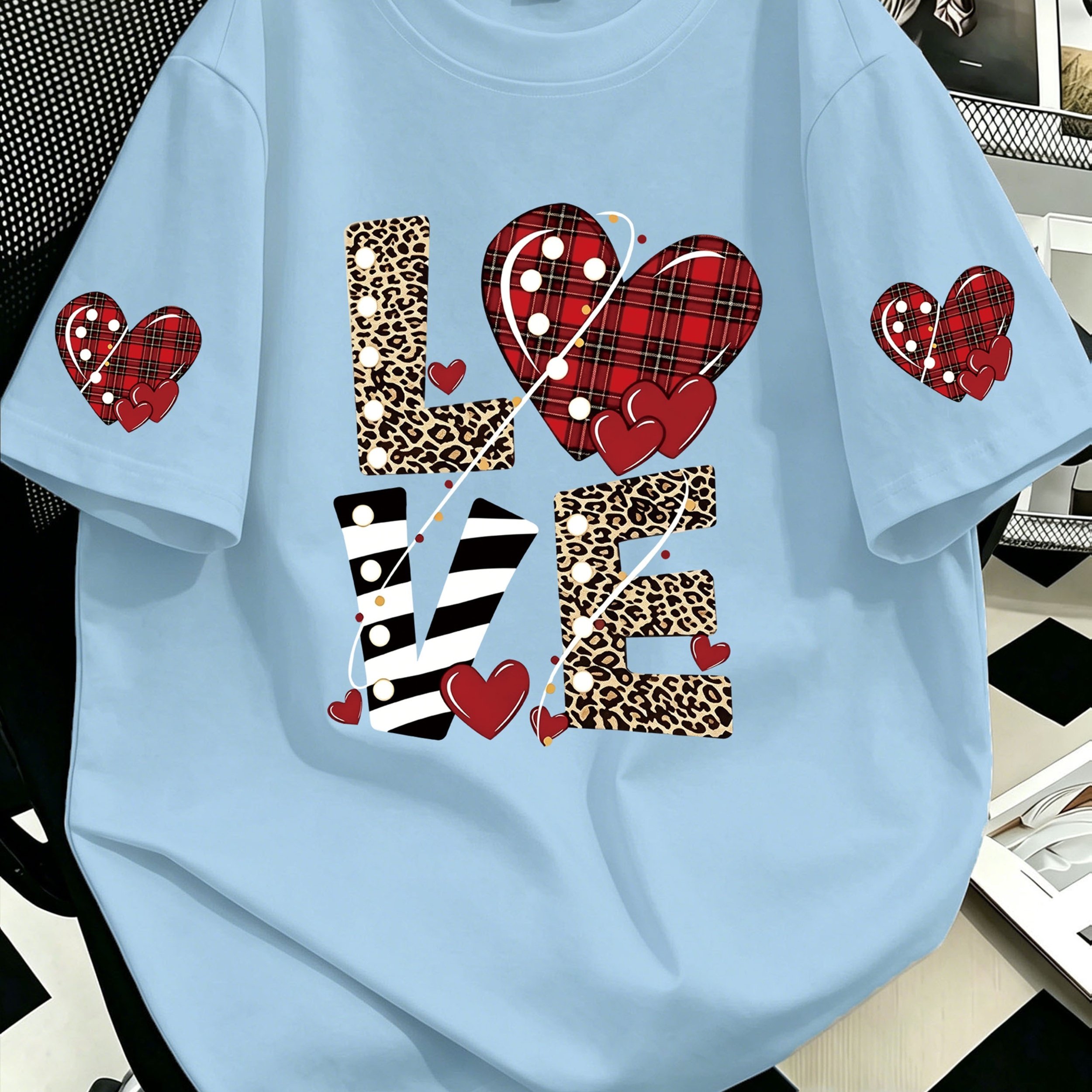 TEMU Plus Size Women's Leopard, , Striped, And "love" Print Round Neck T-shirt, Casual For