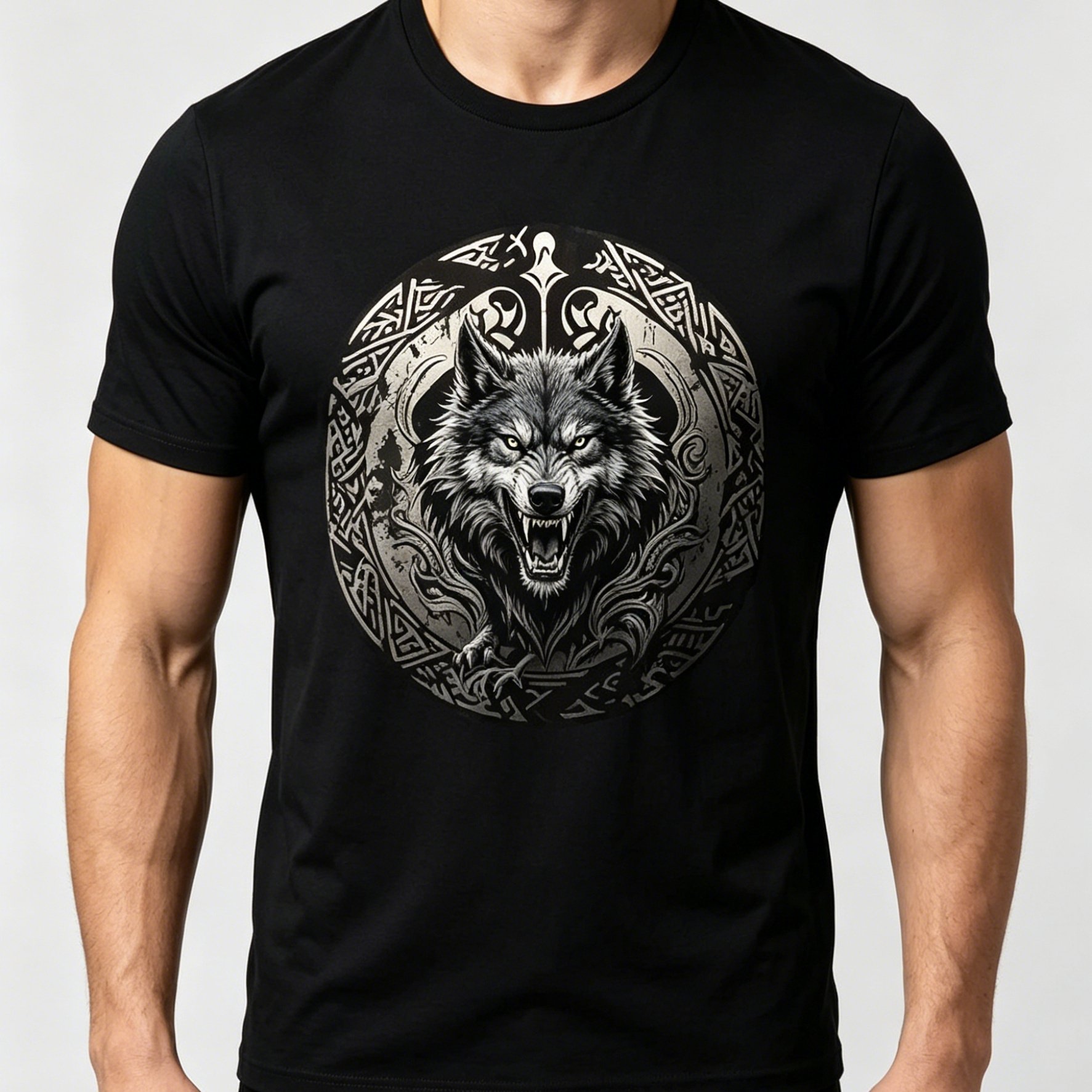 Men's Viking Wolf Head T-shirt - Norse Totem Round Neck Tee With Wolf, Machine Washable Regular Fit Suitable For Wear, For - For Everyday & Themed Events