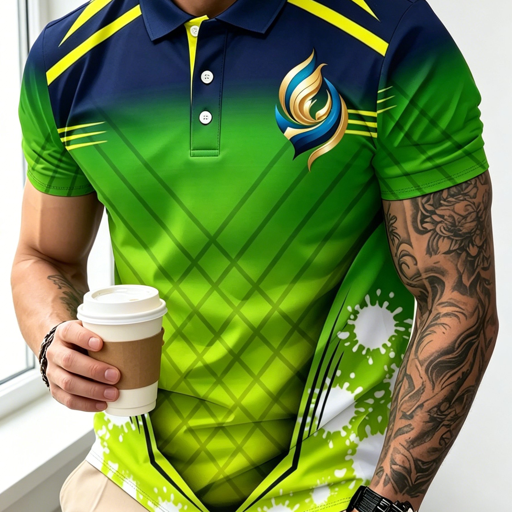 TEMU [printed Design-not Textured] Summer Men's Gradient Short-sleeve Shirt, Comfortable Collared Casual Top, Dynamic Sporty Style For Daily Wear,