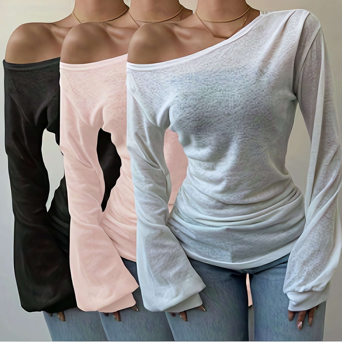 Image of Off-the-shoulder Long-sleeved Top For Women, With A Slightly Sexy Shoulder Design, And Trumpet Sleeves To Add . The Slim Fit Is Super, Suitable For Daily And Dates Yy0916004