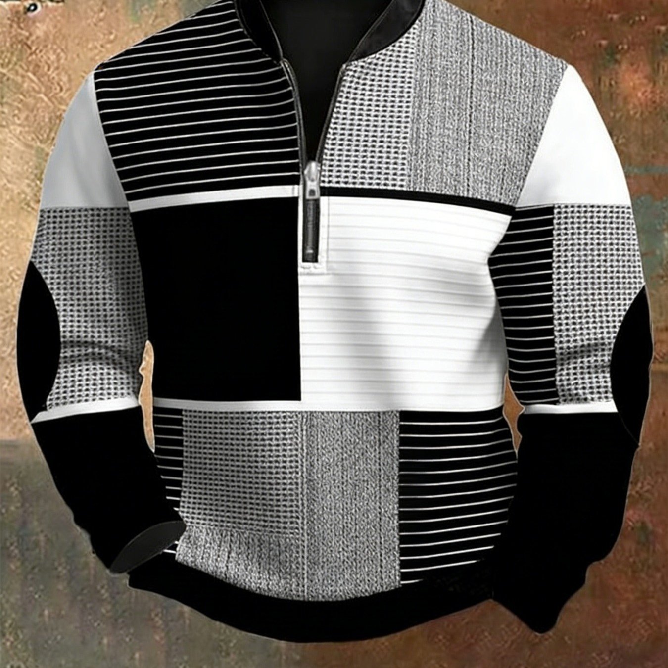 TEMU Plus Size Men's 3d Digital Printed Black, White And Gray Colorblocked Textured Spliced Half-zip Hoodie. 3d High-definition Multi-texture