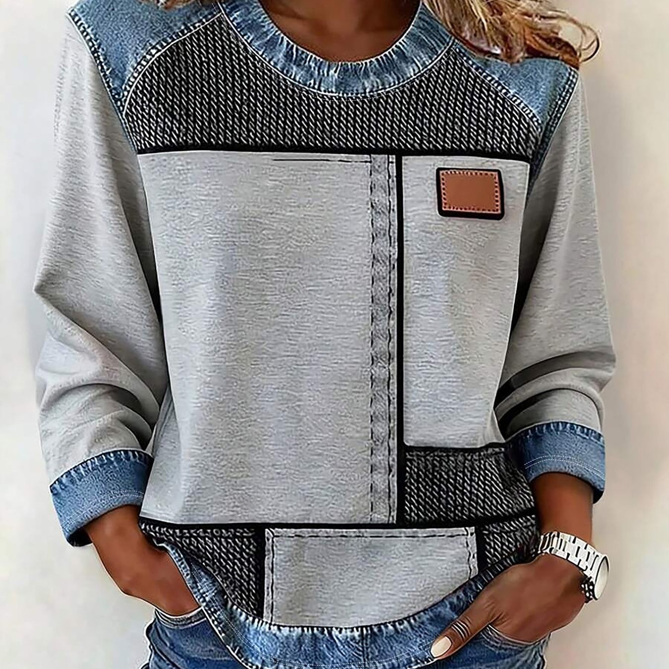 TEMU T-shirt à manches longues pour femmes avec positionnement numérique imprimé, décontracté et polyvalent, col rond, idéal pour un
