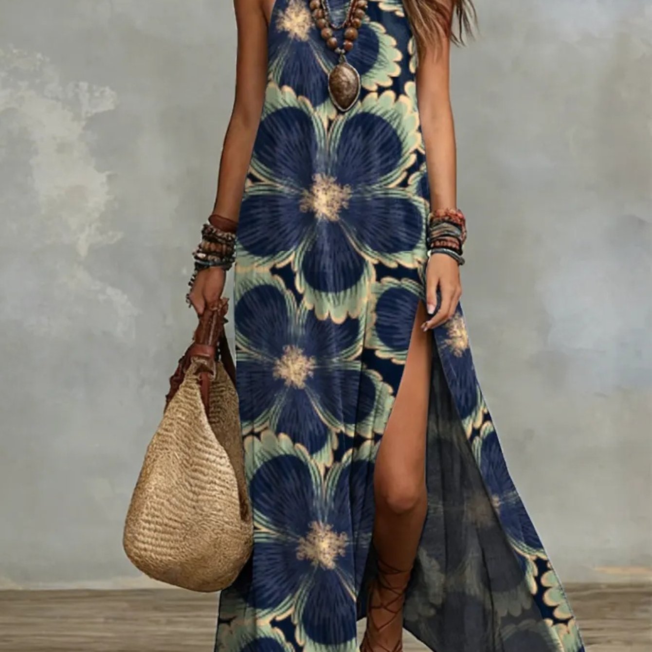 TEMU Robe Maxi Bohème d'Été pour Femmes - Manches, Fente et Imprimé Coloré - un Look Élégant et Haut de Gamme