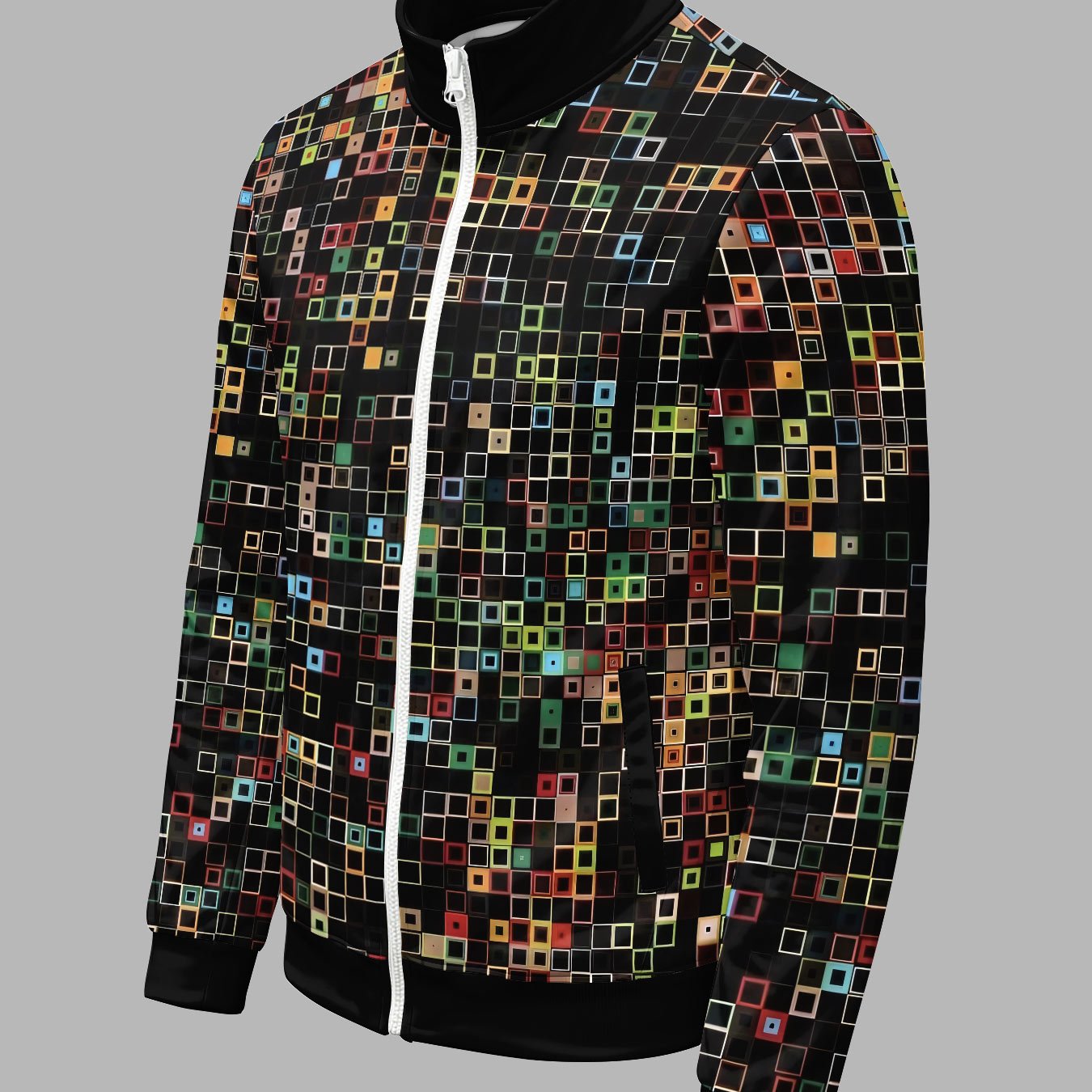 TEMU Men's Fashion Autumn Winter Jacket, Mosaic Colorful Print, Stand Collar Zipper Casual Sportswear Top, Teenager Men's Birthday Holiday Surprise