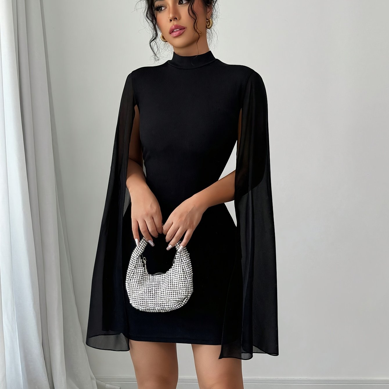 Solid Dress With A Stand Collar And Shawl Design