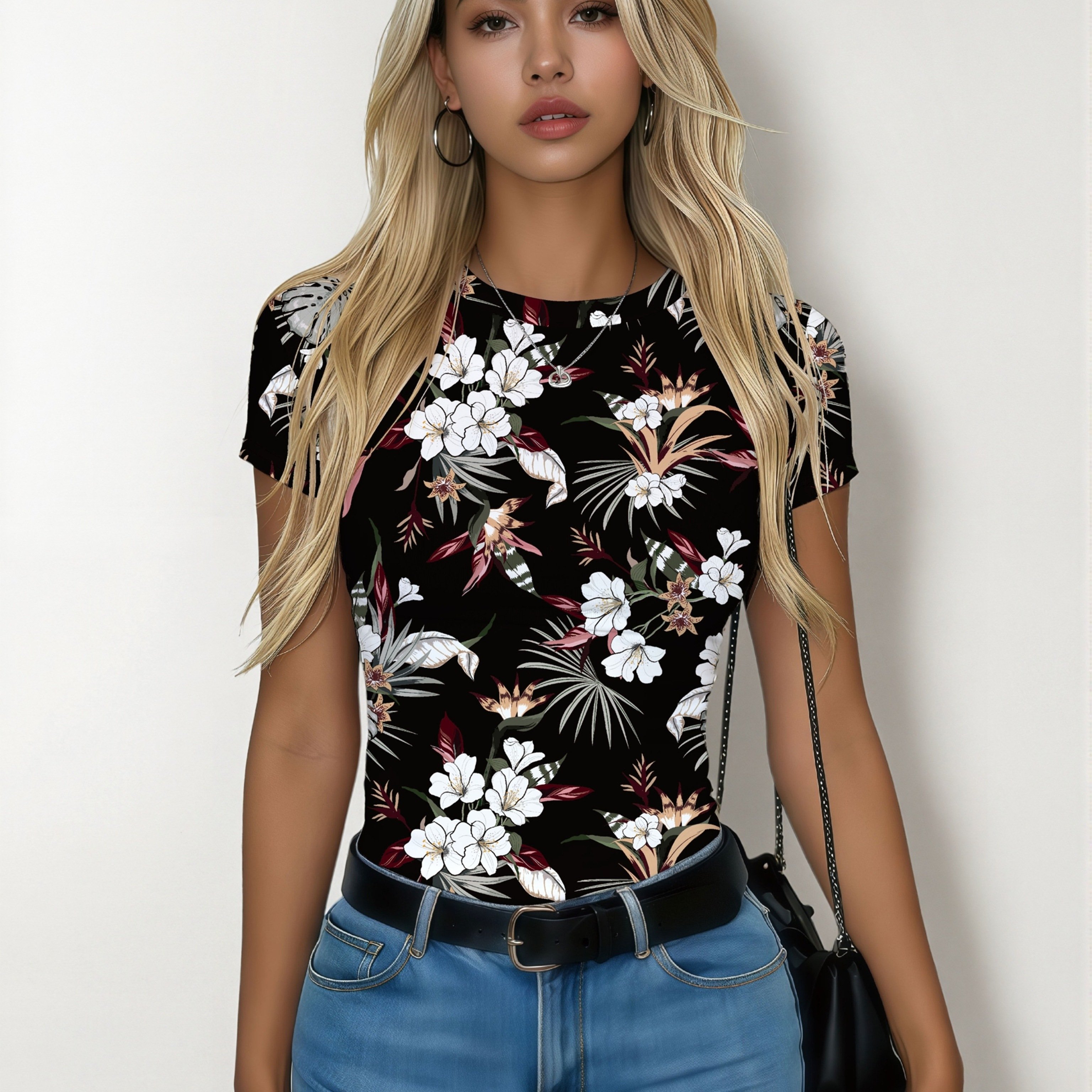TEMU T-shirt da donna con , maniche corte e stampa, Top da donna elegante e , Stile basic versatile i , Tessuto elasticizzato confortevole, Lavabile