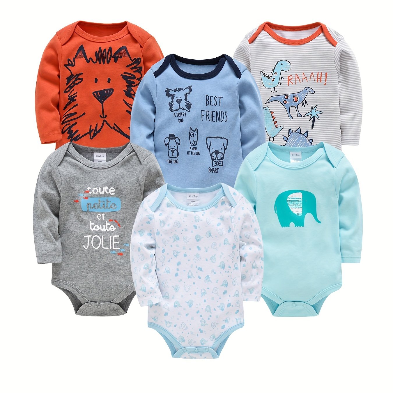 Image of 6pcs Set Of Baby Boy's Long-sleeved Triangle Romper With Cartoon Print For Spring And Autumn, For Outdoor