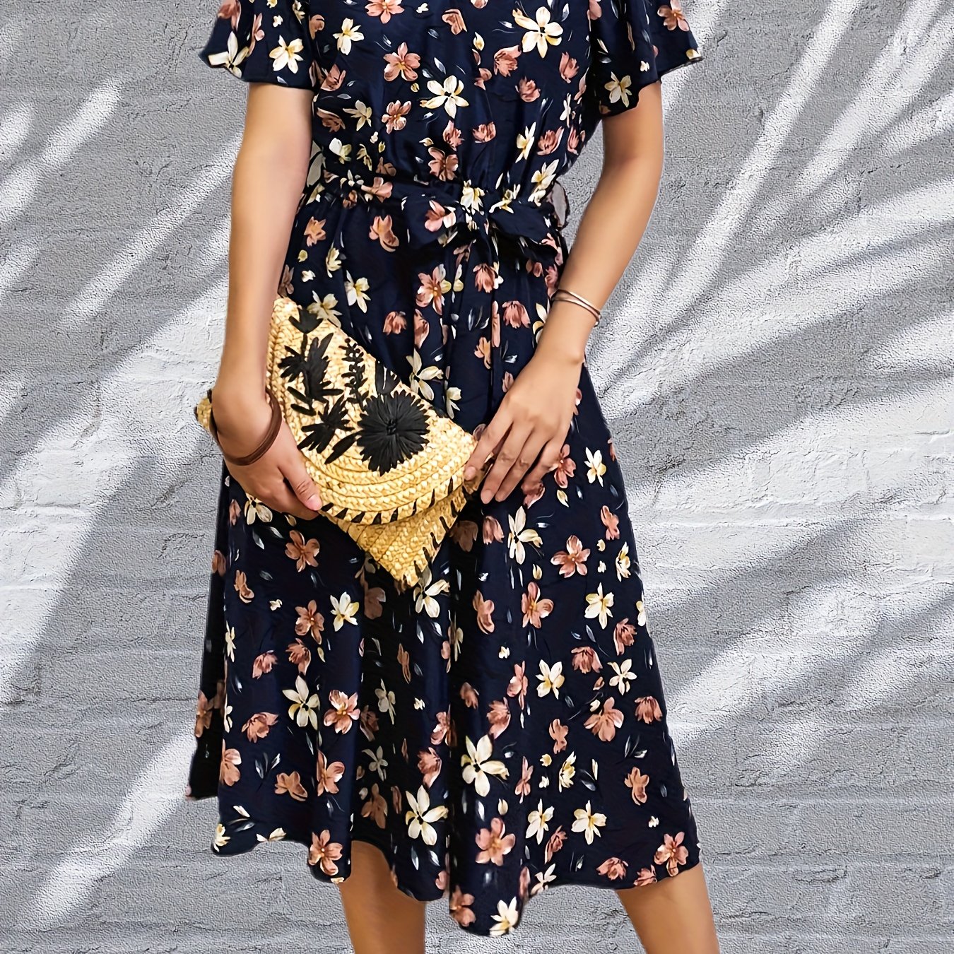 floral print surplice neck dress elegant midi short sleeve dress womens clothing