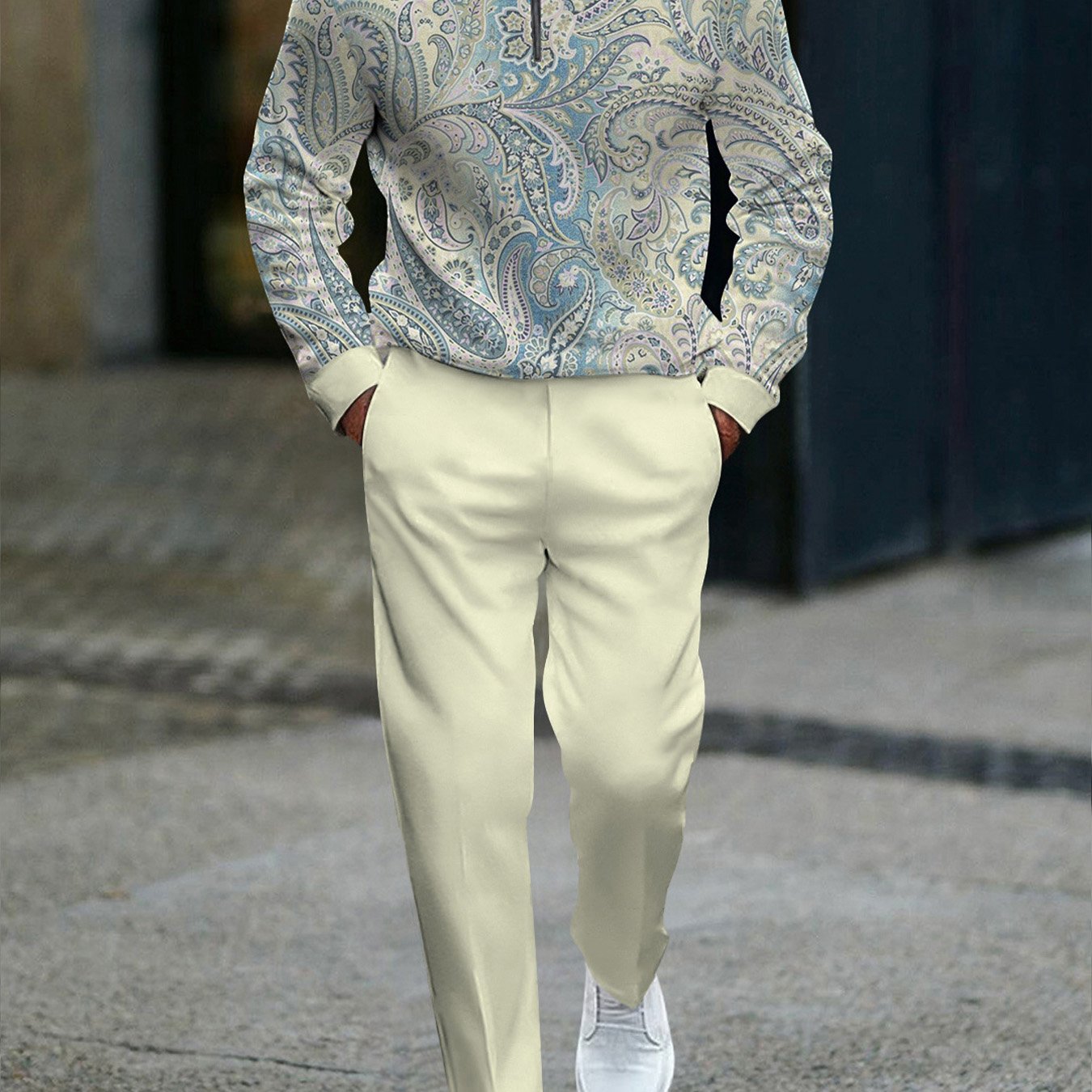 Image of Stand Collar Men's Fashion Casual Trendy 3d Printed Sweatshirt And Pants 2pcs Set With Intricate Paisley Swirls Floral Ornaments Pattern Men's Outfits For Adults Men Casual Wear Street Style