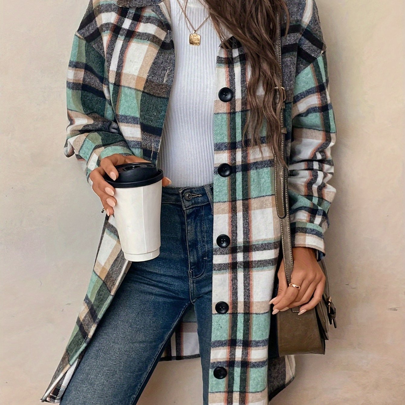 TEMU Spring And Autumn Women's Lapel Coat, Mid-length Brushed Warm Shirt-style Jacket, Casual Jacket, Winter Outerwear