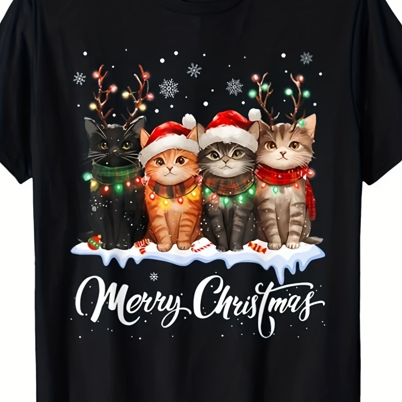 TEMU ! Cat-themed Christmas Light Reindeer -shirt. Unisex Design For 2025 Summer, Featuring A Short-sleeve Printed Style Made Of 220g Pure