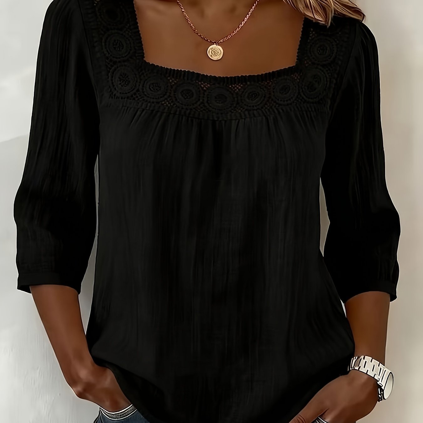 TEMU Elegant Women's Retro French Square Neck Short Sleeve Top Solid Collar Loose Casual Shirt Work Vacation Inner Wear T-shirt