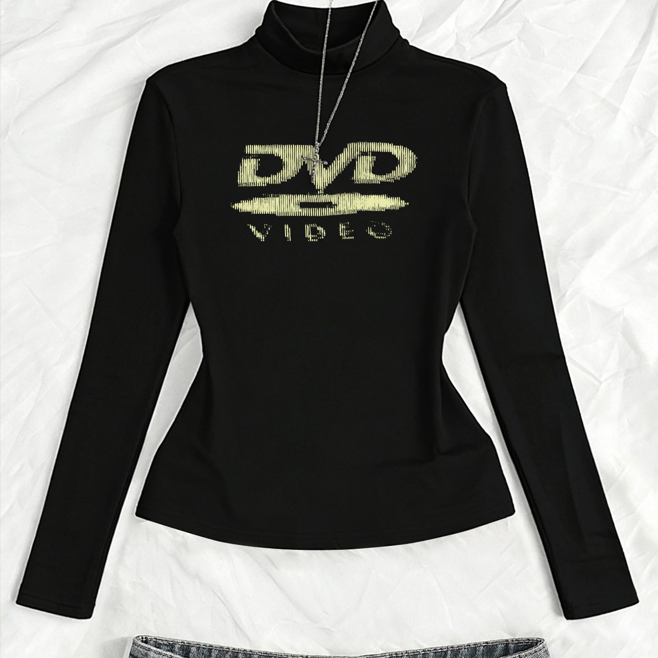 TEMU Vintage Dvd Print Long Sleeve Y2k Spicy Slim Fit Half-turtleneck Top