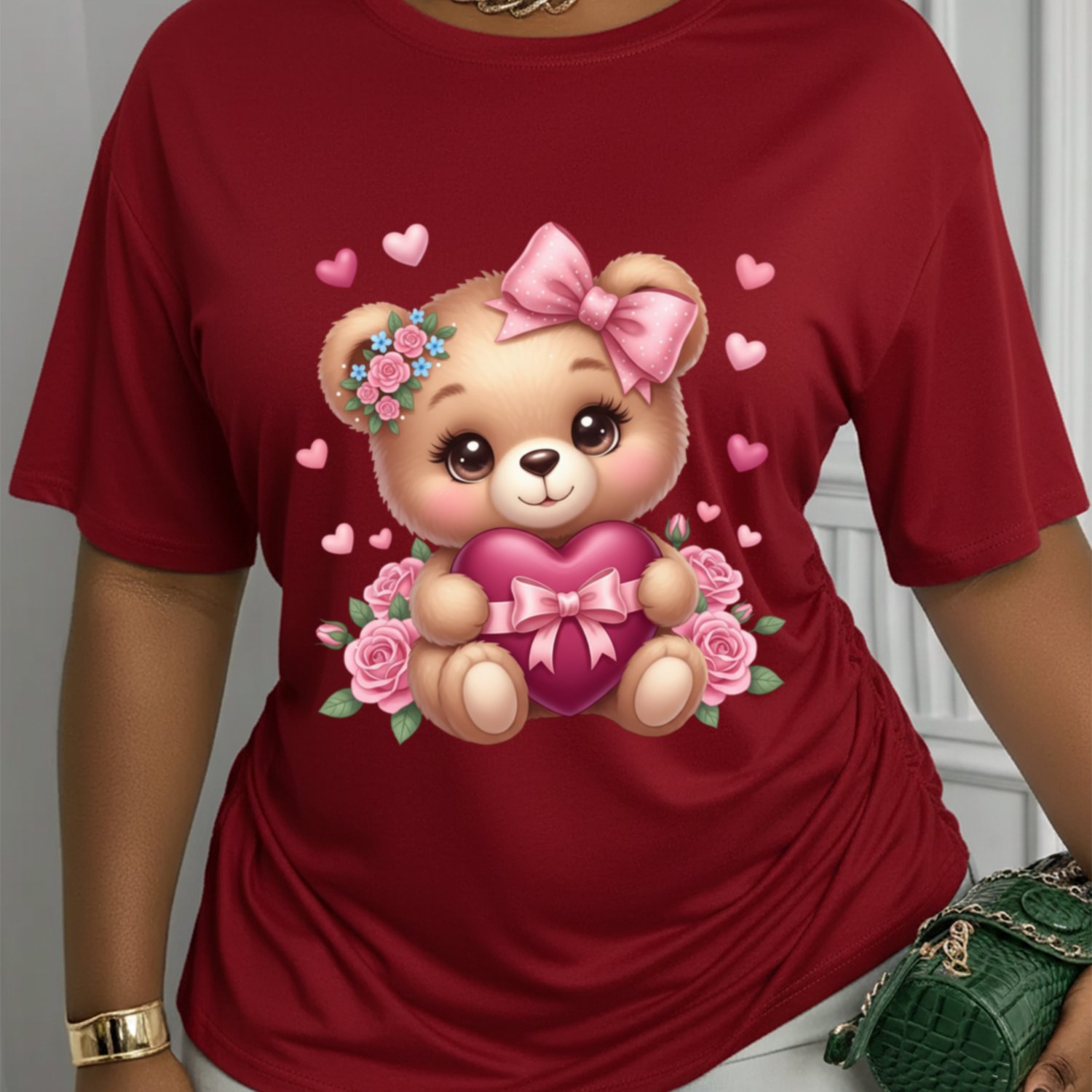 TEMU T-shirt Featuring A Valentine's Day Teddy , Easy To Wash In A Machine, Perfect For Spring And Summer, With Short Sleeves, A Relaxed Fit, , Made