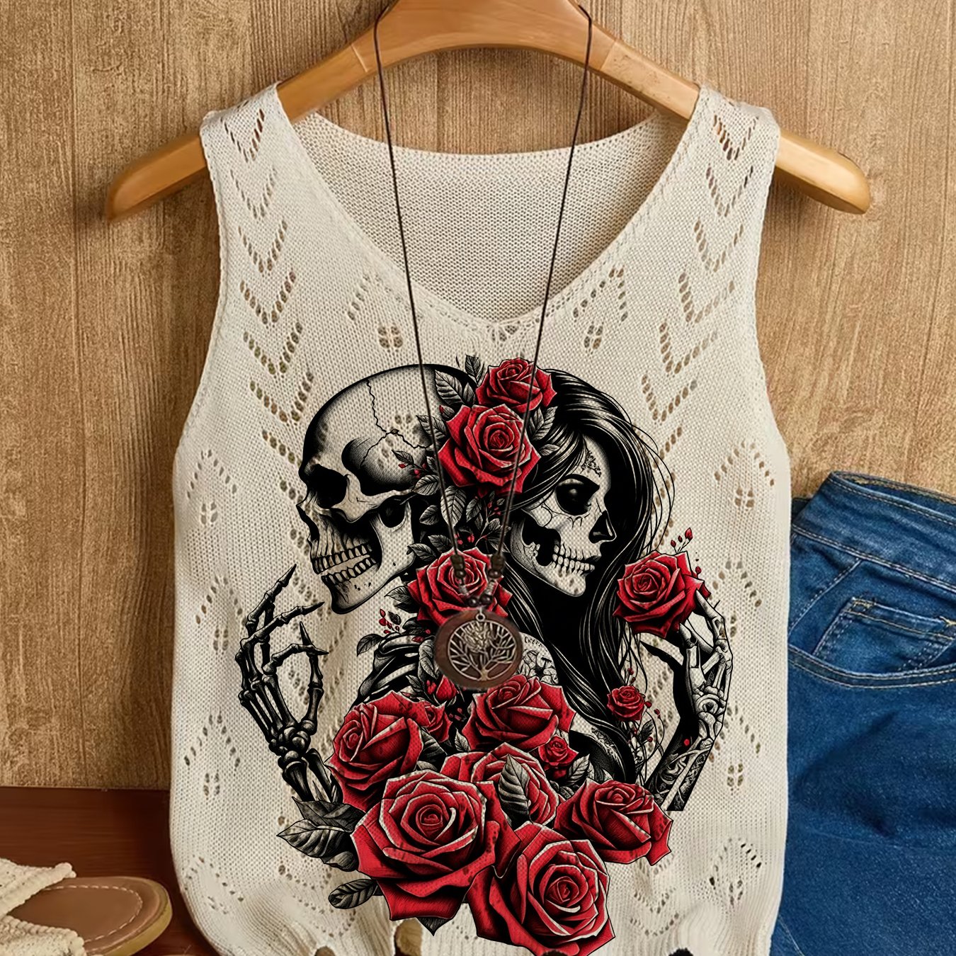 TEMU Débardeur Femme Printemps Été Manches Style Noir Halloween Crâne Rose, Débardeur Intérieur Rond Col en V Polyvalent Creux Printemps Précoce,