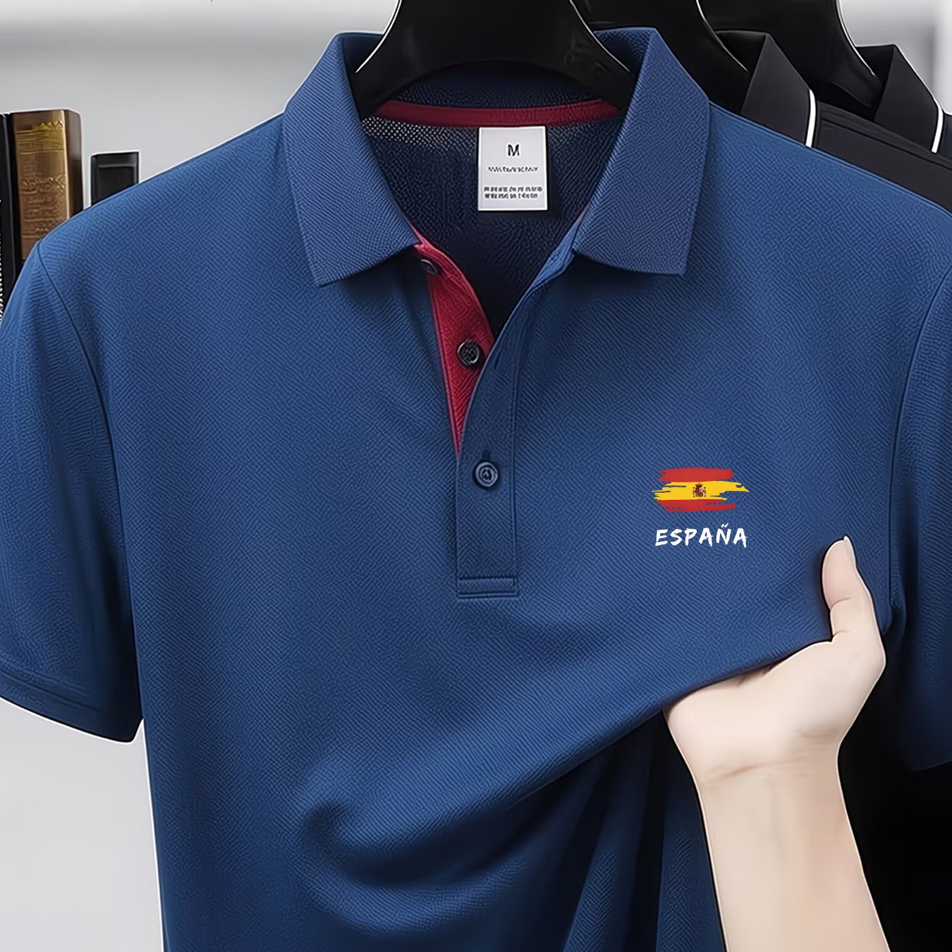 TEMU Polo de Golf para Hombre, Estampado con Temáticos Españoles, Diseño de Tapeta con Bloques de Color, Tejido Transpirable de Secado Rápido,