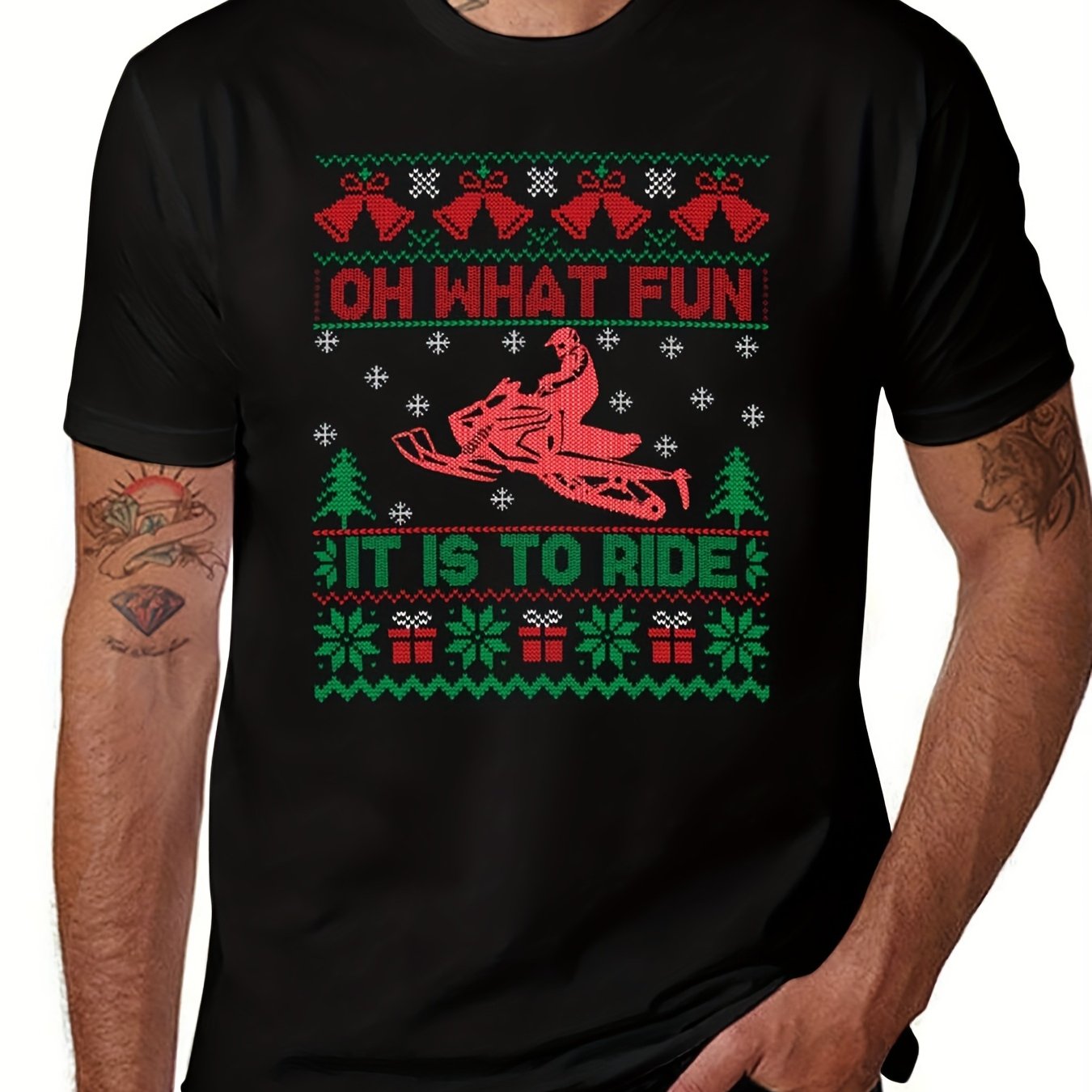 TEMU T-shirt Pull de Noël Grosse Tête pour Homme - Graphique "Oh What Fun Is Riding A Snowmobile", Manches Courtes Lourdes 220gsm, Coupe Ample